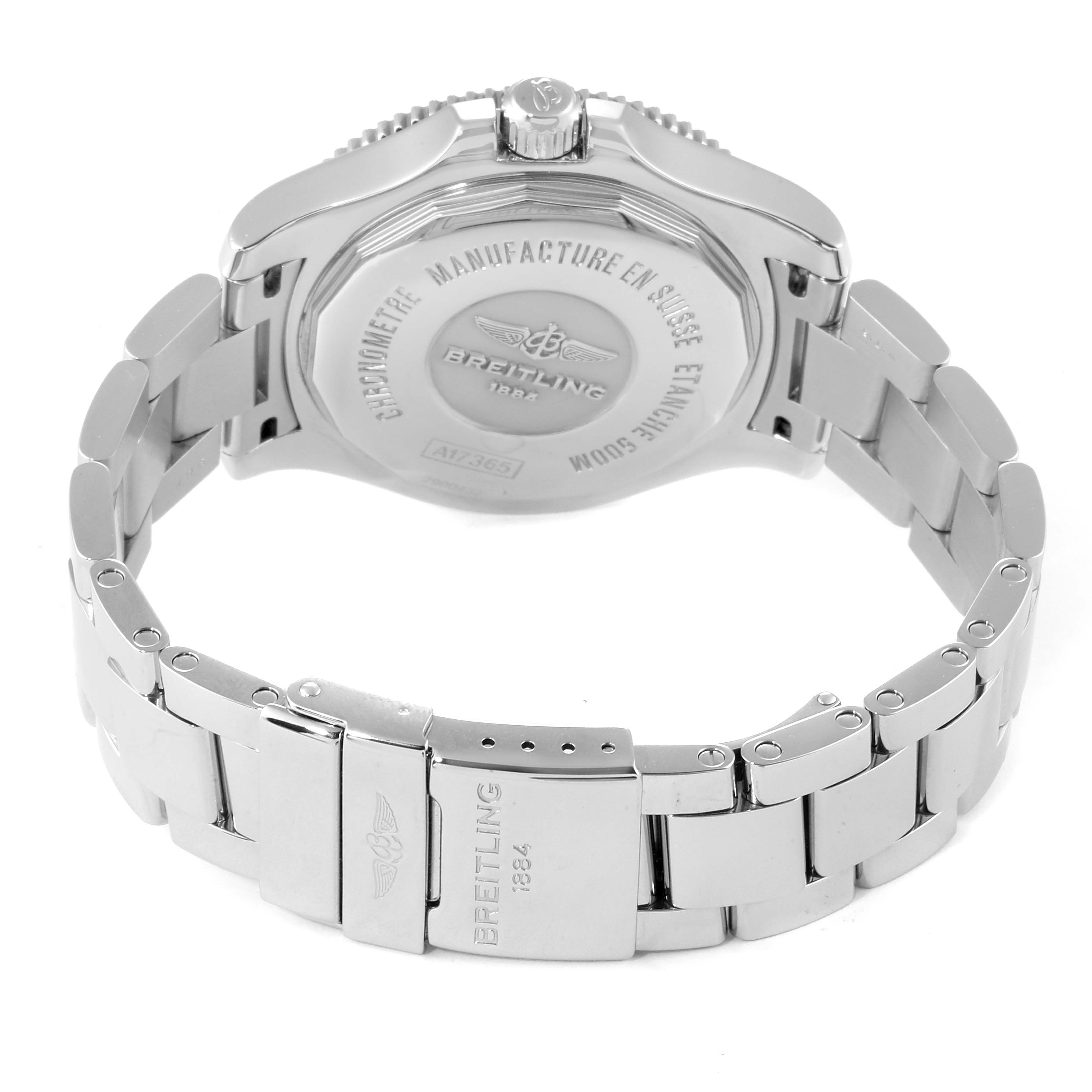 The image shows the back case and metal bracelet of a Breitling Superocean A17365 Men's Stainless Steel Black Dial A17365 Men's Stainless Steel Black Dial watch from a rear angle.