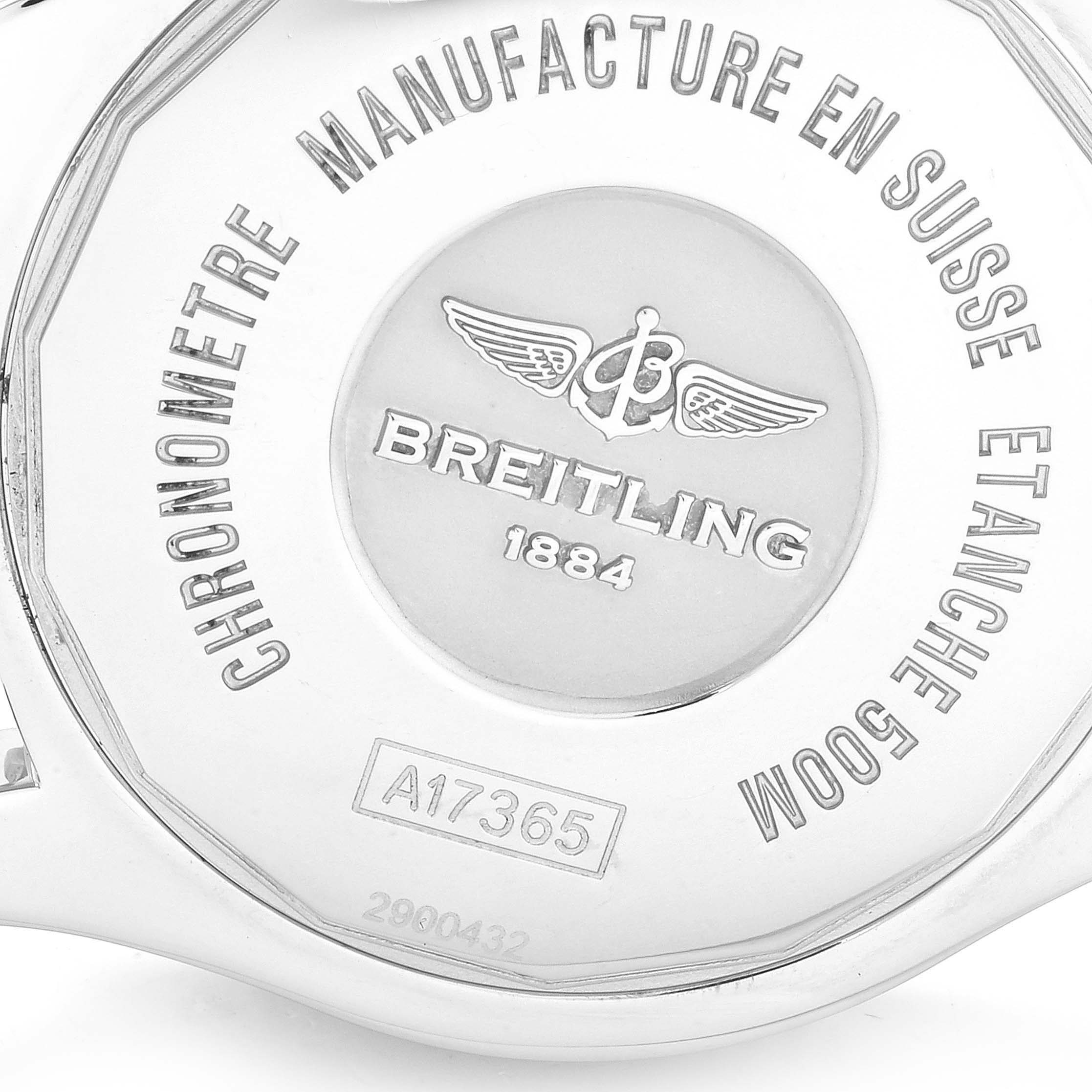 This image shows the back case of a Breitling Superocean A17365 Men's Stainless Steel Black Dial A17365 Men's Stainless Steel Black Dial watch, displaying the brand logo and model number.