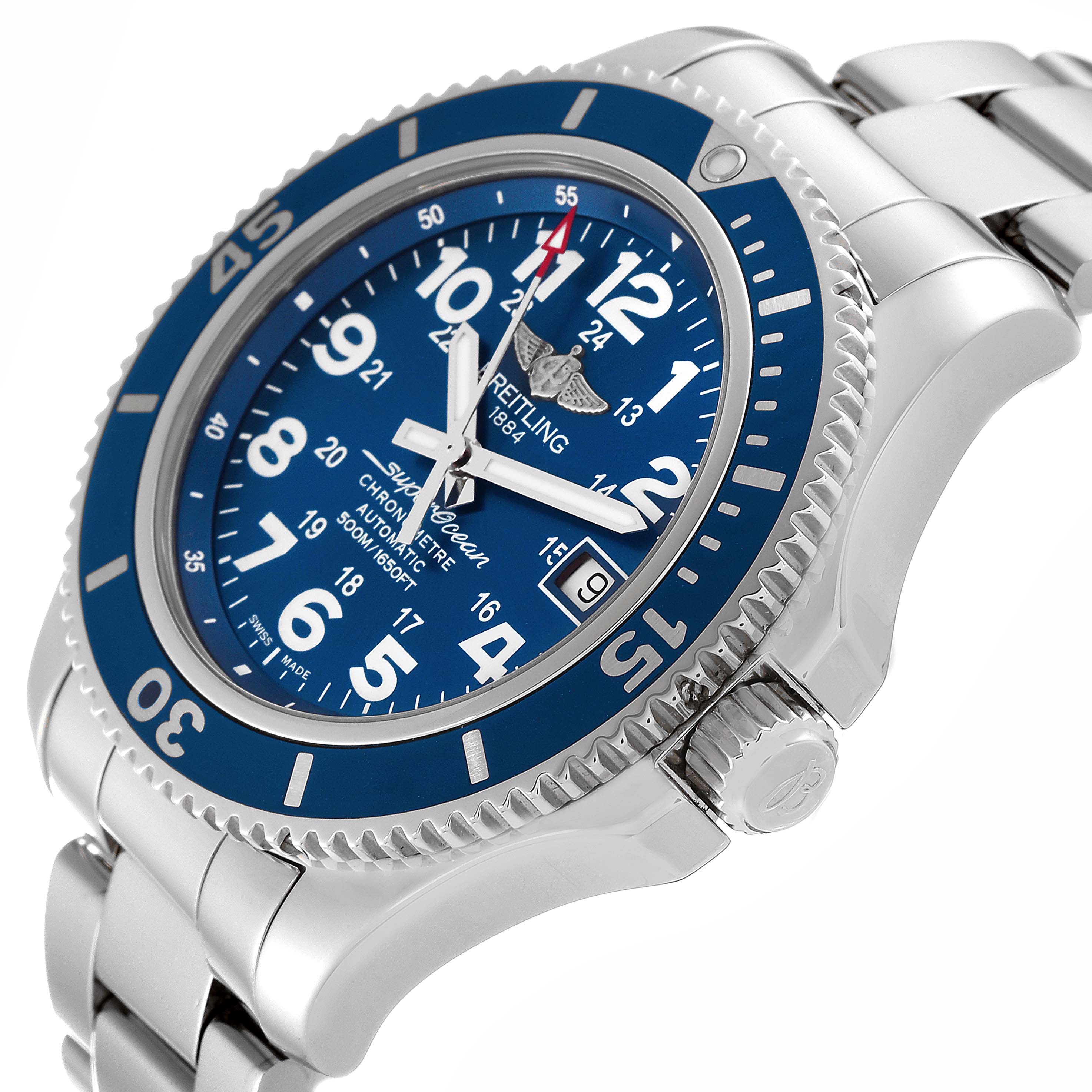 The image shows the Breitling Superocean A17365 Men's Stainless Steel Blue Dial A17365 Men's Stainless Steel Blue Dial watch at a slight angle, highlighting its blue dial, bezel, crown, and metal bracelet.