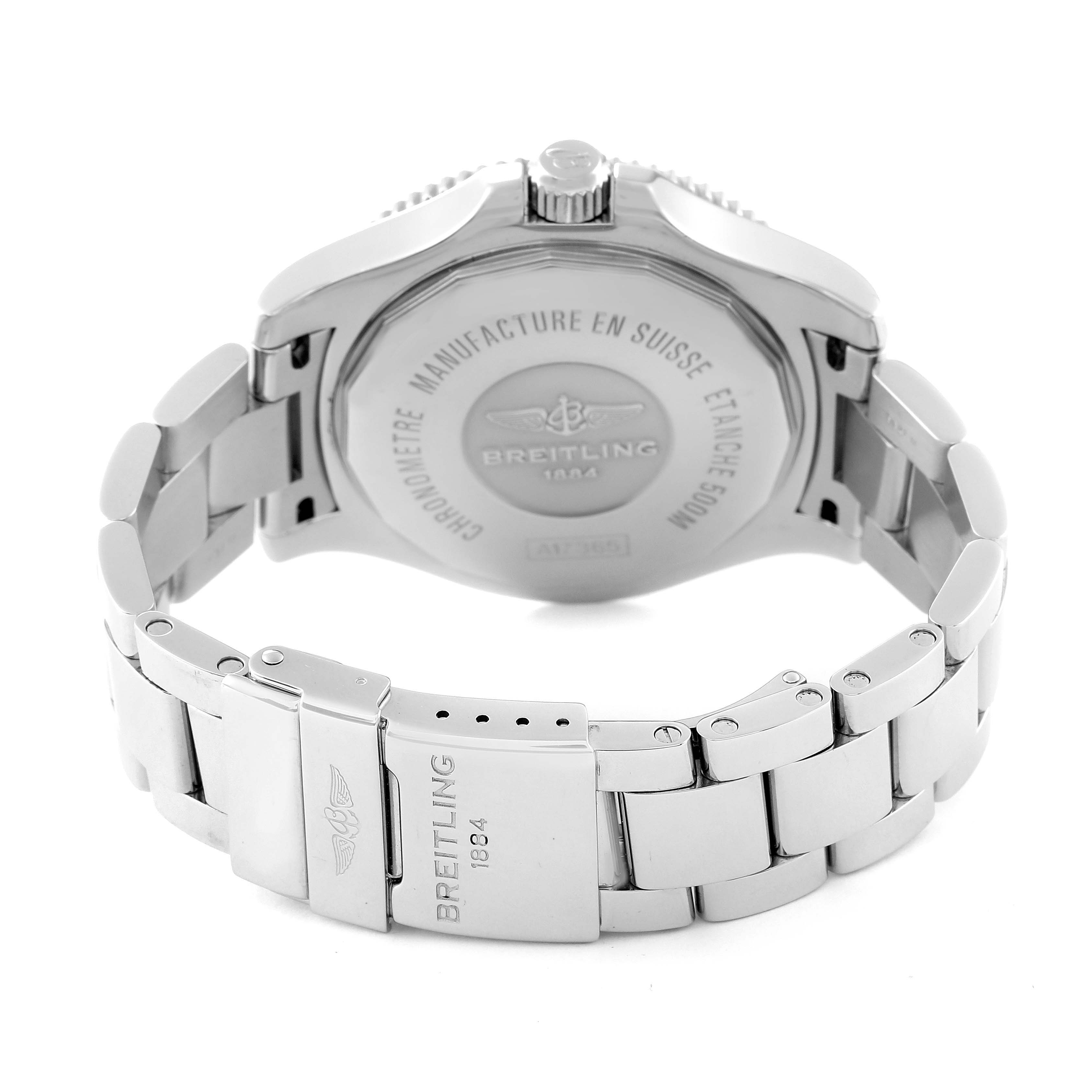 This image shows the back and bracelet of a Breitling Superocean A17365 Men's Stainless Steel Blue Dial A17365 Men's Stainless Steel Blue Dial watch from the rear angle.