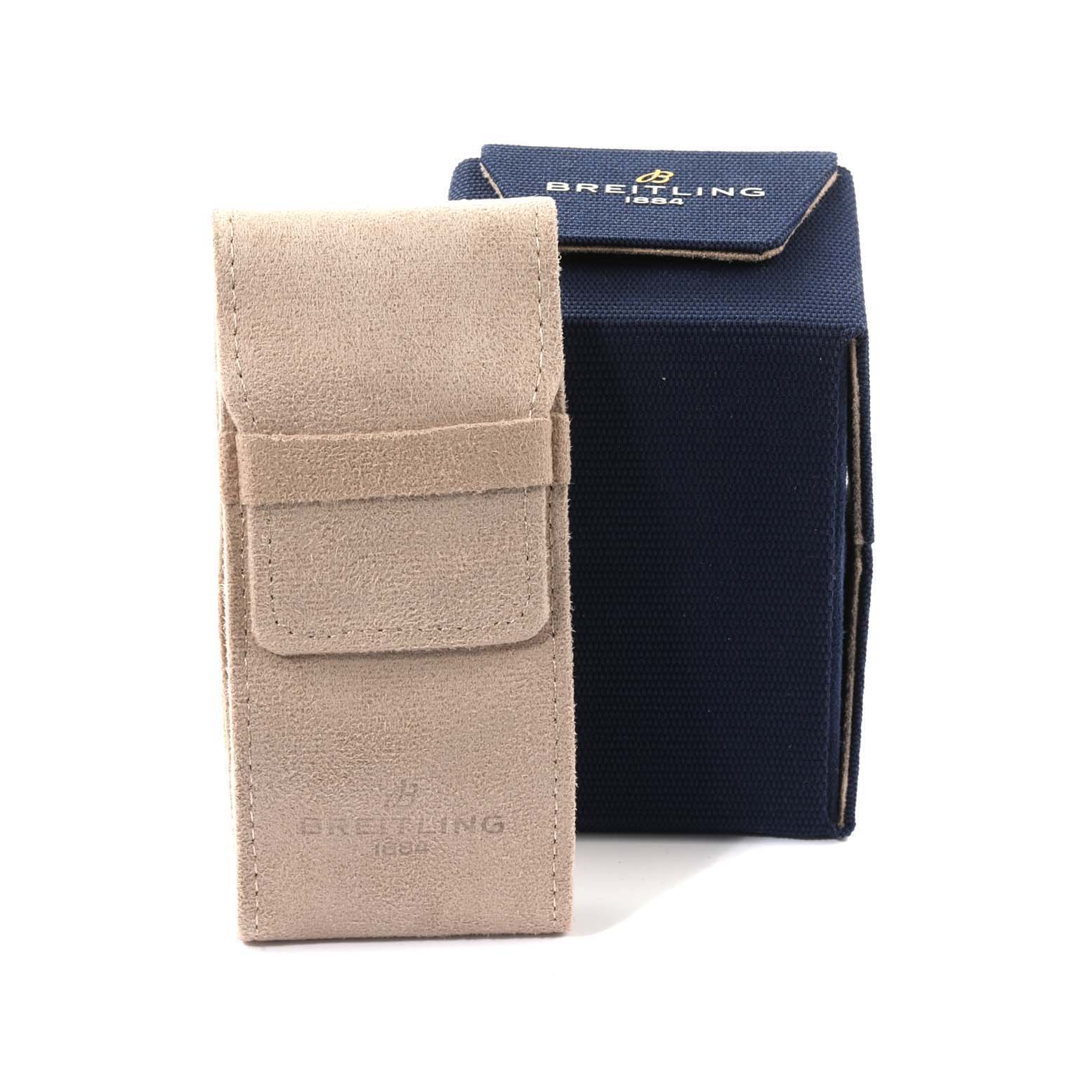 The image shows a beige suede pouch and a blue case for the Breitling Superocean A17365 Men's Stainless Steel Blue Dial A17365 Men's Stainless Steel Blue Dial watch, both branded with the Breitling logo.