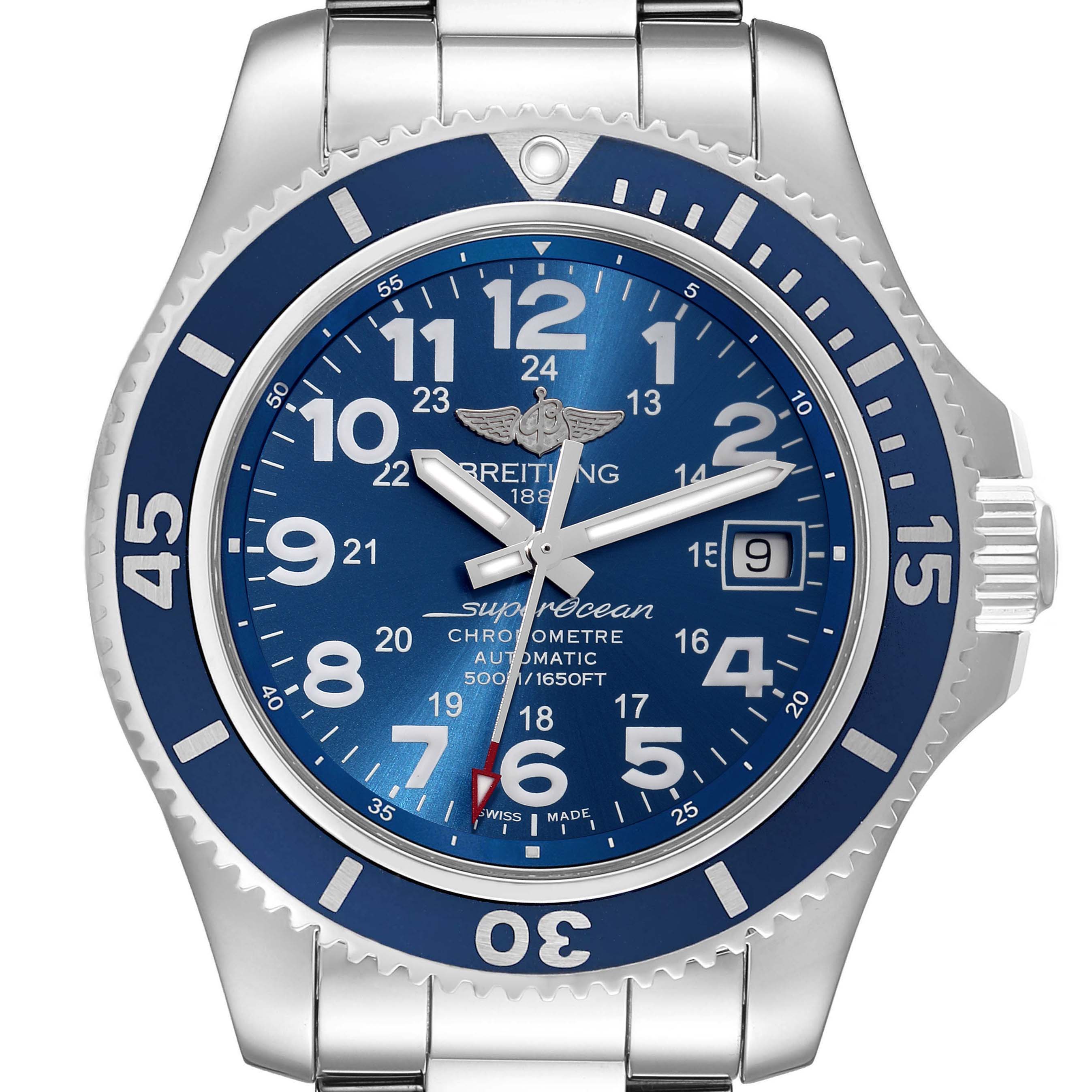 The image shows a front view of a Breitling Superocean A17365 Men's Stainless Steel Blue Dial A17365 Men's Stainless Steel Blue Dial watch, highlighting the dial, bezel, and part of the bracelet.