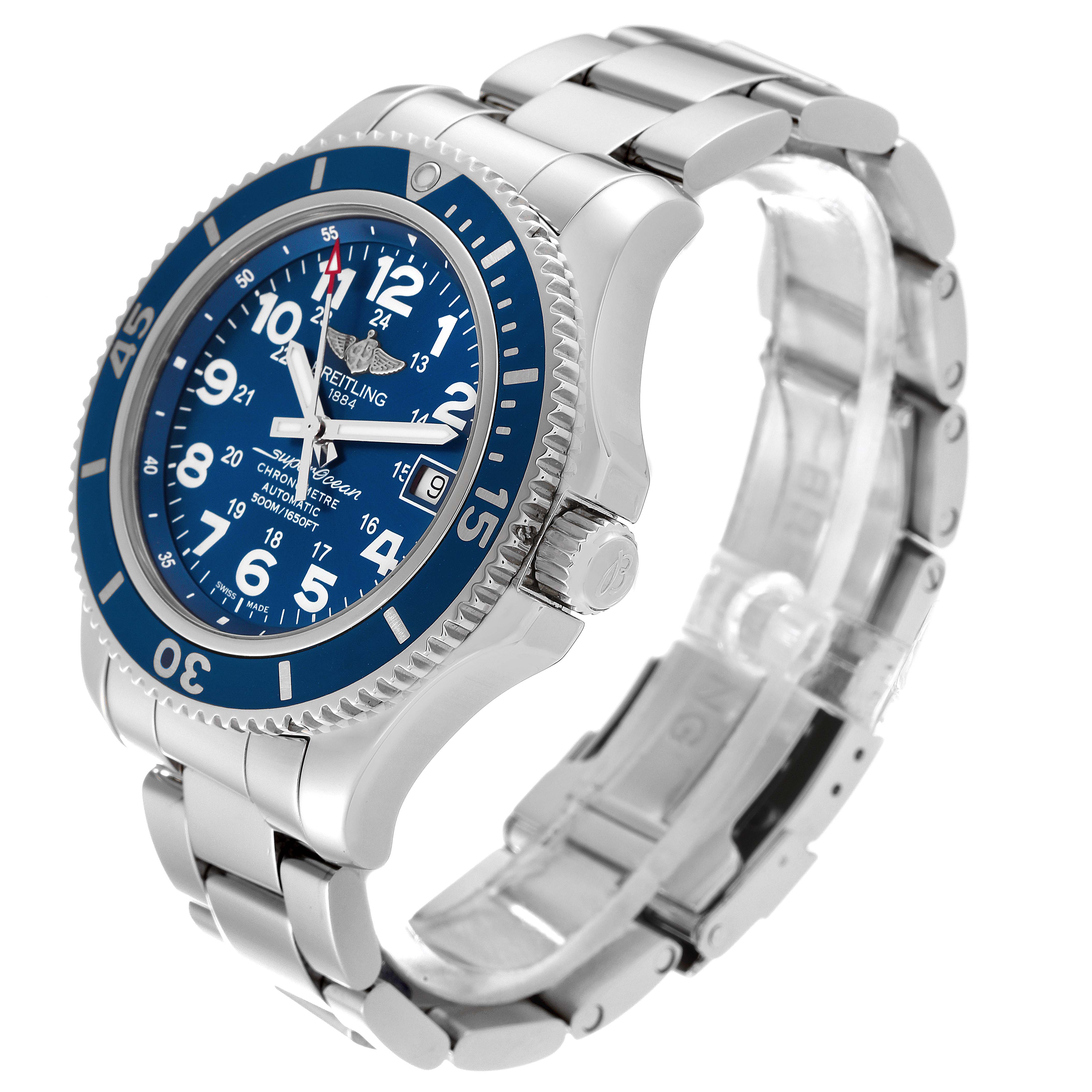 The image shows a Breitling Superocean A17365 Men's Stainless Steel Blue Dial A17365 Men's Stainless Steel Blue Dial watch at an angled side view, highlighting the face, bezel, crown, and metal bracelet.