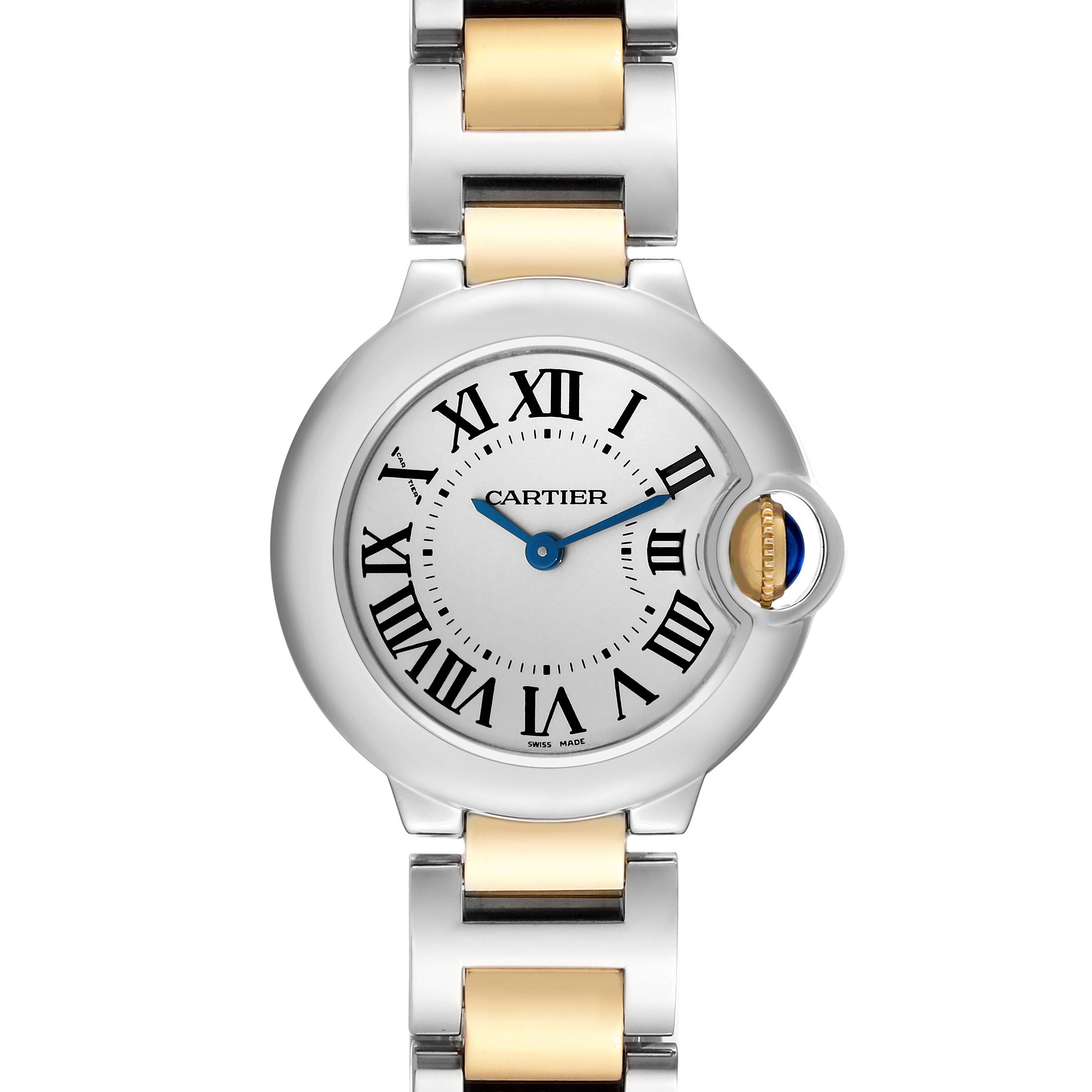 The image shows a front view of a Cartier Ballon Bleu W69007Z3 Women
s Steel and Gold (two tone) Silver Dial W69007Z3 Women
s Steel and Gold (two tone) Silver Dial watch featuring a round dial and two-tone metal strap.