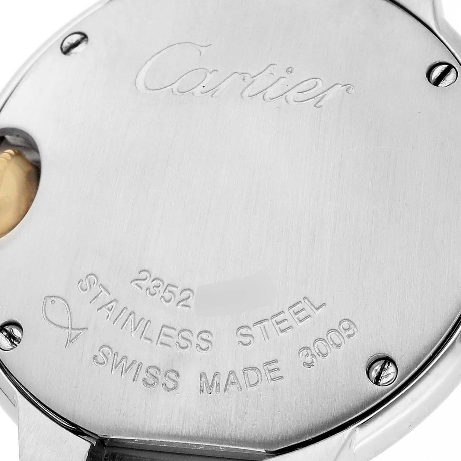 The image shows the back case of a stainless steel Ballon Bleu watch by Cartier, noting its model number and "Swiss Made" engraving.