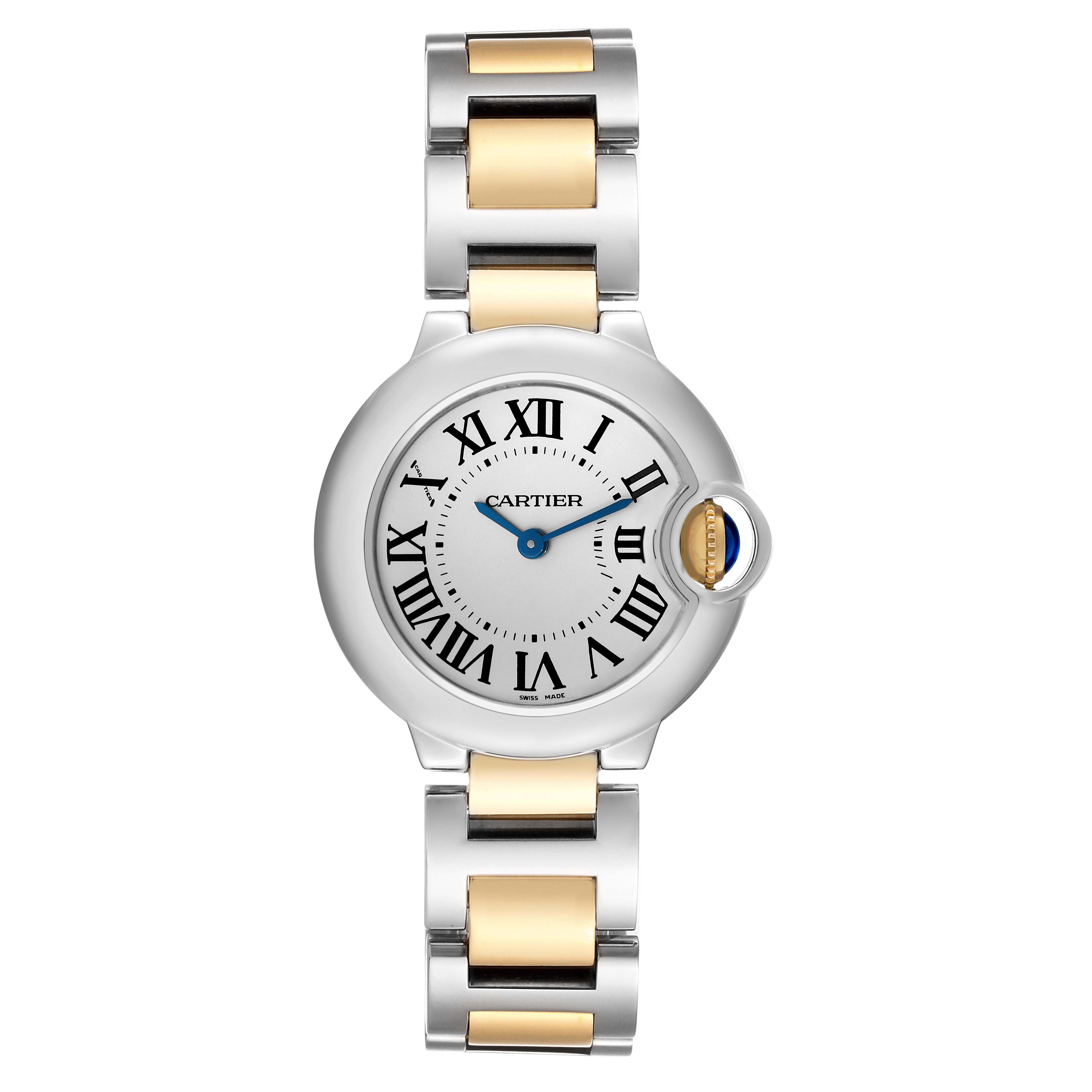 This image shows a front view of the Cartier Ballon Bleu W69007Z3 Women
s Steel and Gold (two tone) Silver Dial W69007Z3 Women
s Steel and Gold (two tone) Silver Dial watch, highlighting the dial, Roman numerals, and two-tone bracelet.