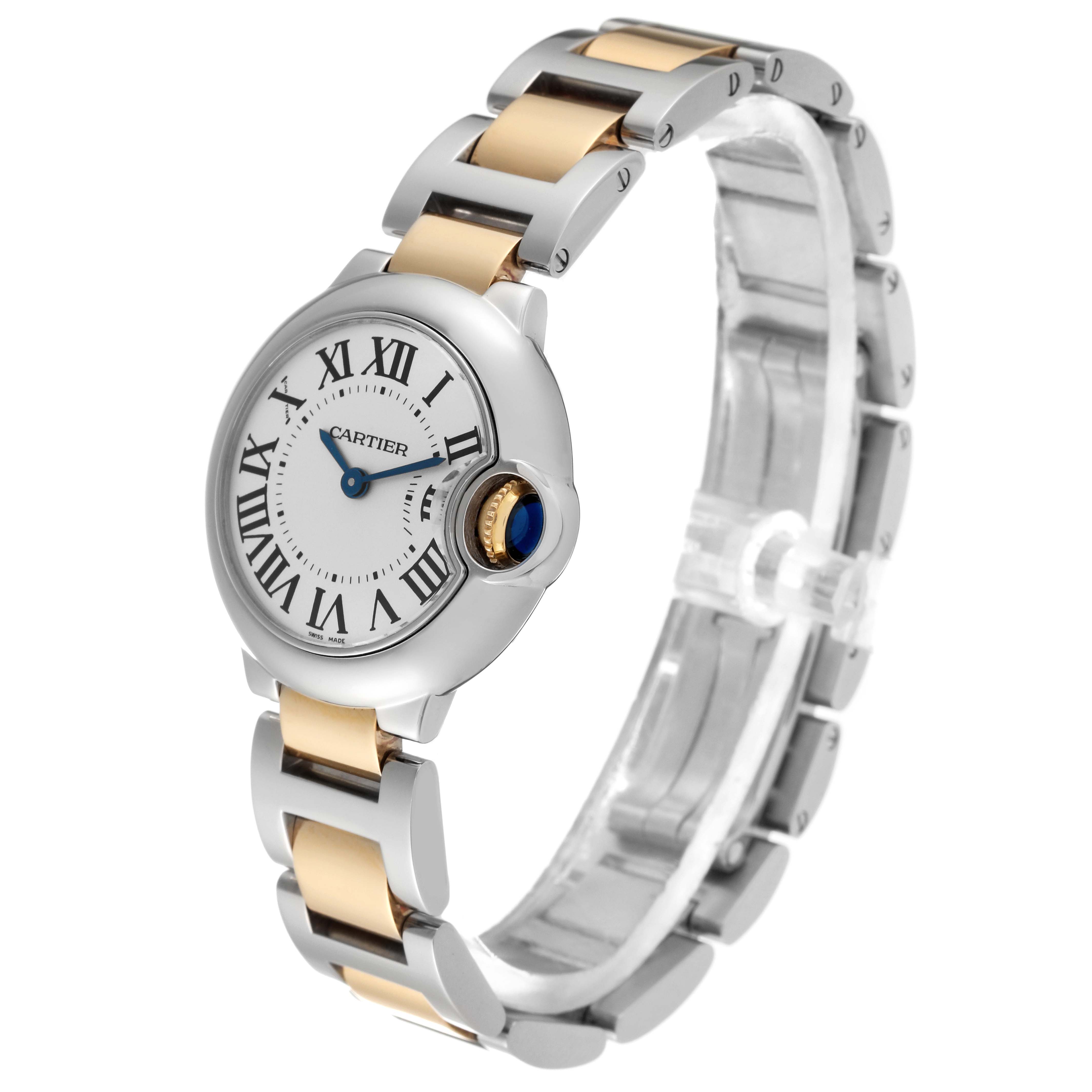 This image shows the Ballon Bleu model by Cartier at a three-quarter angle, highlighting the watch face, bracelet, and crown.