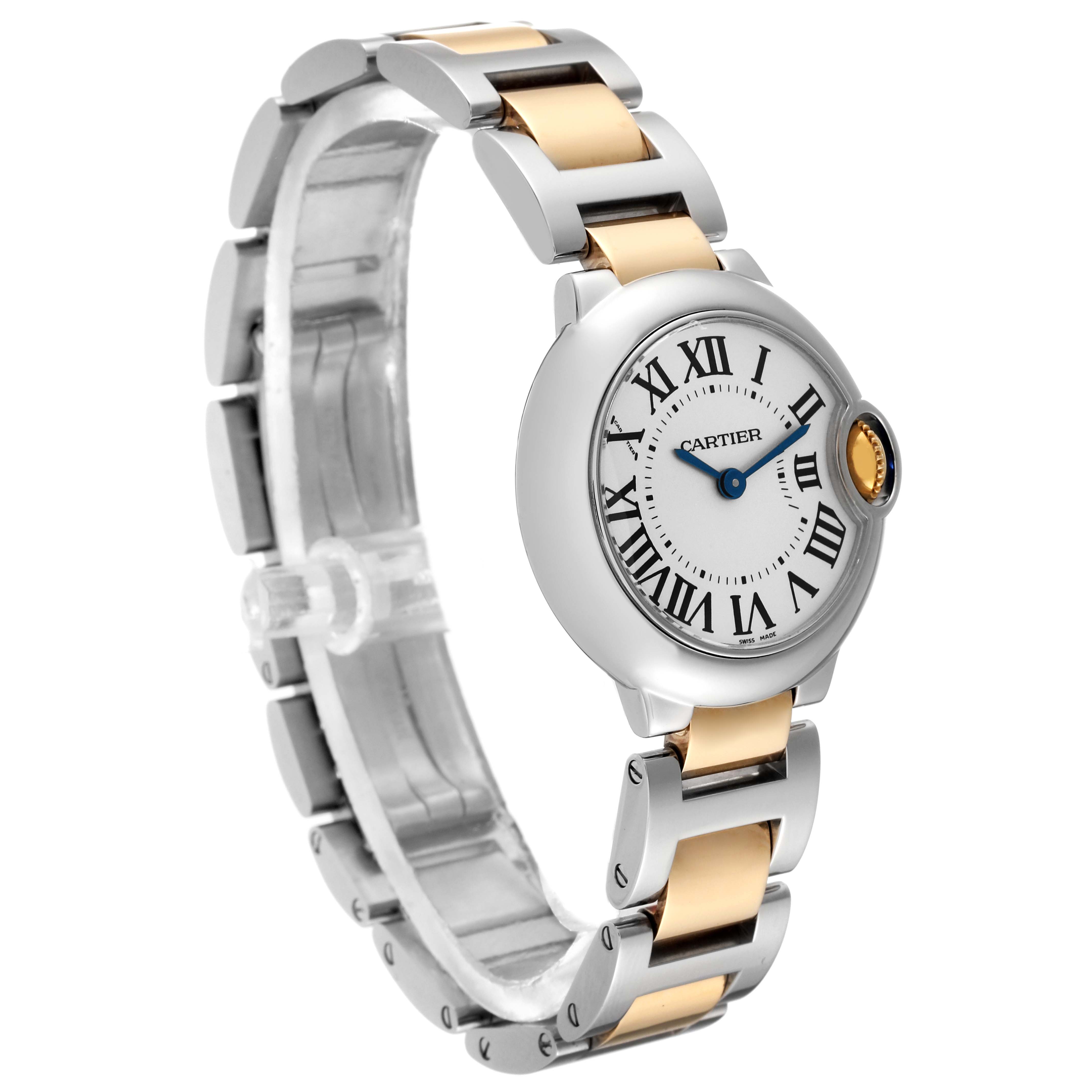The image shows the front and side angle of a Cartier Ballon Bleu W69007Z3 Women
s Steel and Gold (two tone) Silver Dial W69007Z3 Women
s Steel and Gold (two tone) Silver Dial watch, highlighting its face and two-tone metal bracelet.
