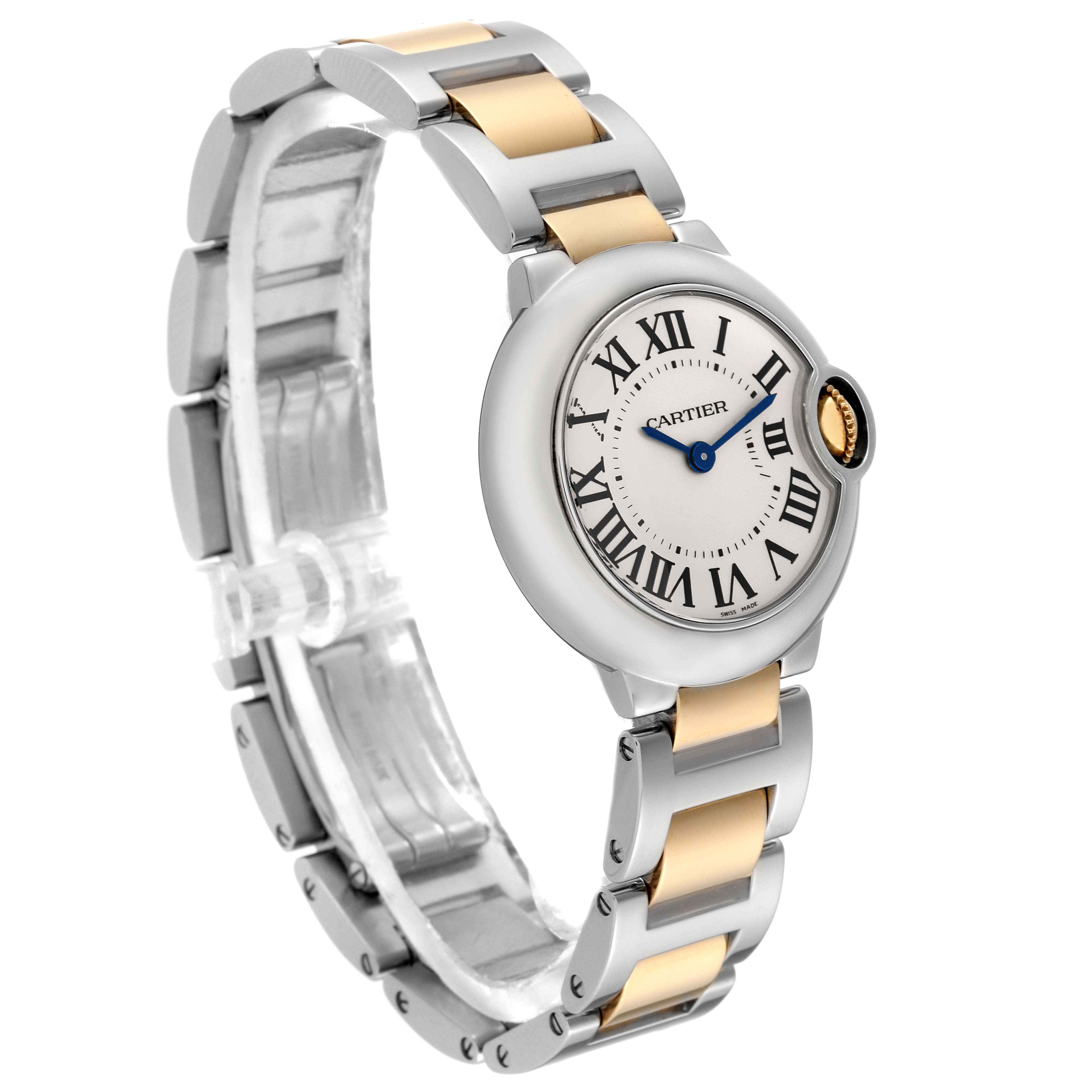 The image shows a side angle view of a Cartier Ballon Bleu W69007Z3 Women
s Steel and Gold (two tone) Silver Dial W69007Z3 Women
s Steel and Gold (two tone) Silver Dial watch, highlighting its face, bezel, and two-tone metal bracelet.