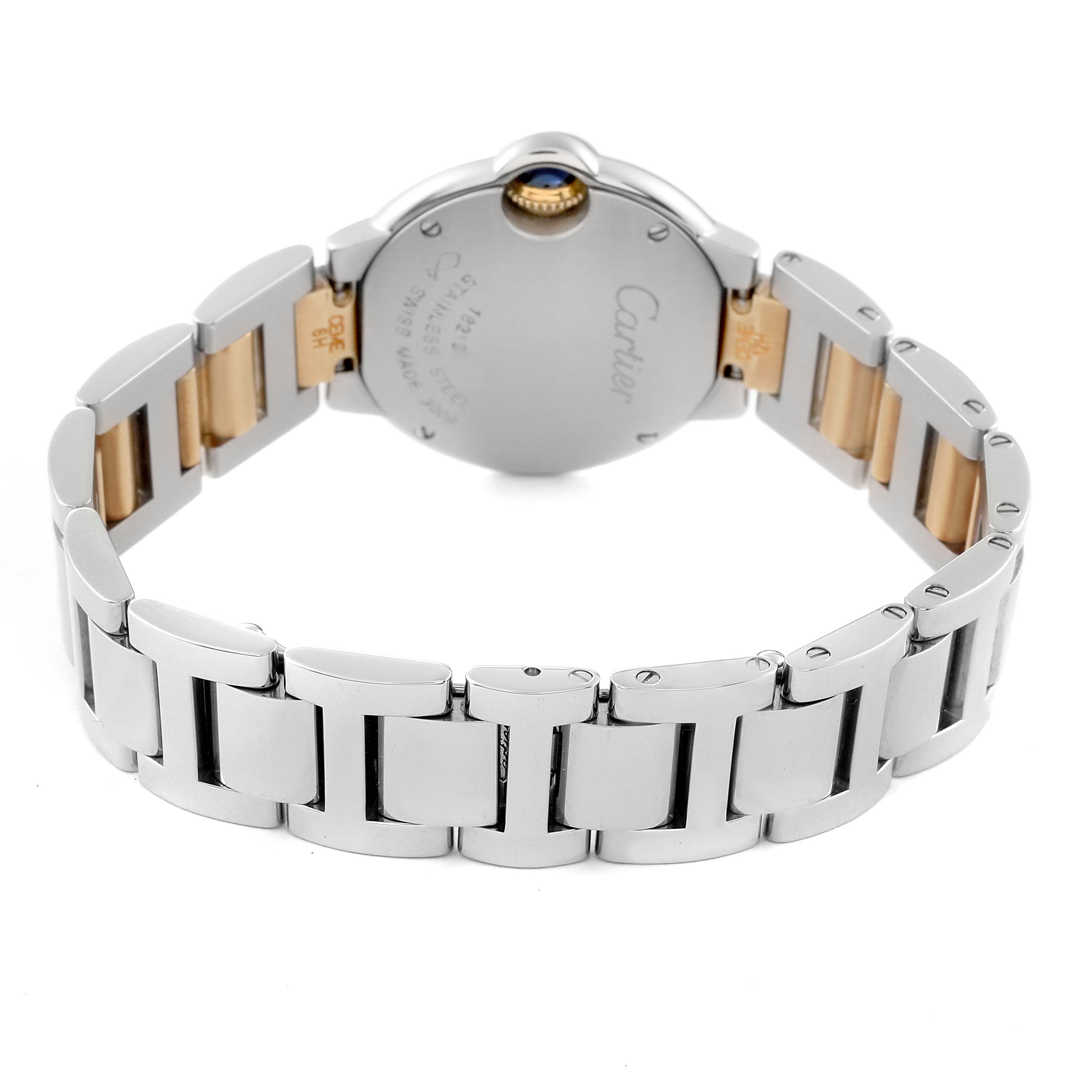 The image shows the back case and metal bracelet of a Cartier Ballon Bleu W69007Z3 Women
s Steel and Gold (two tone) Silver Dial W69007Z3 Women
s Steel and Gold (two tone) Silver Dial watch at a rear angle.
