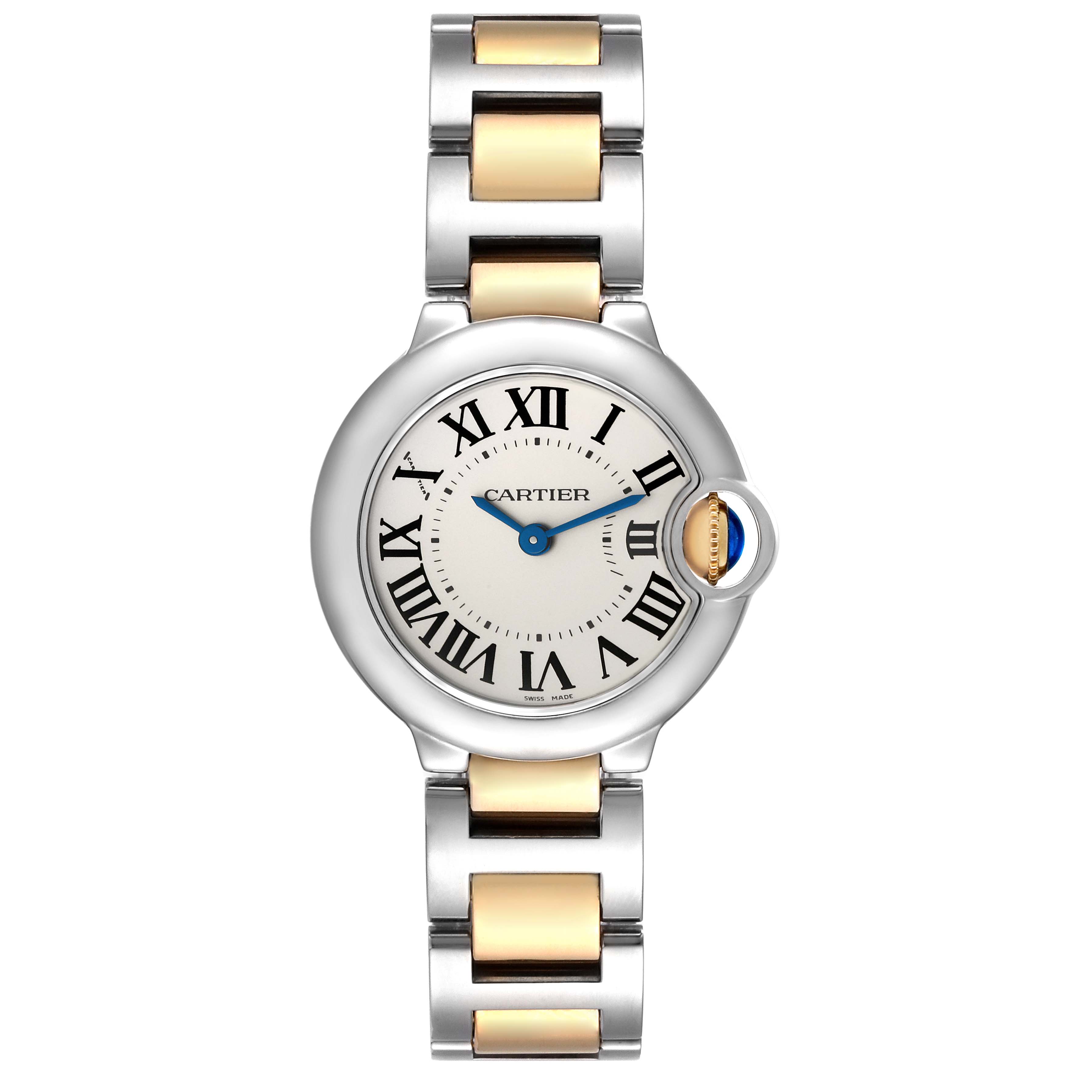 The image shows a front view of the Cartier Ballon Bleu W69007Z3 Women
s Steel and Gold (two tone) Silver Dial W69007Z3 Women
s Steel and Gold (two tone) Silver Dial watch, displaying the face, bezel, and part of the bracelet.