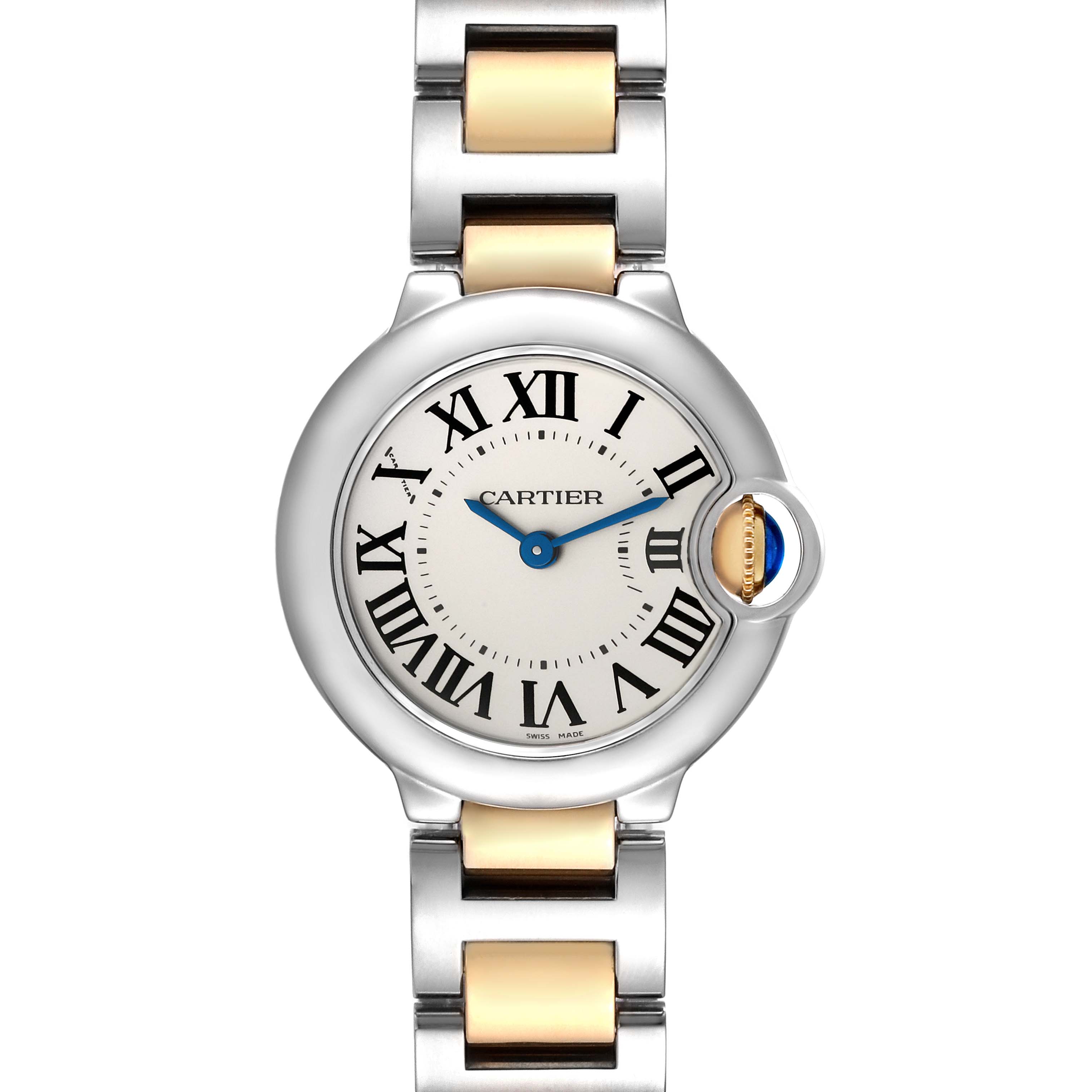 The image shows a frontal view of the Cartier Ballon Bleu W69007Z3 Women
s Steel and Gold (two tone) Silver Dial W69007Z3 Women
s Steel and Gold (two tone) Silver Dial watch, displaying its face, Roman numerals, and two-tone bracelet.