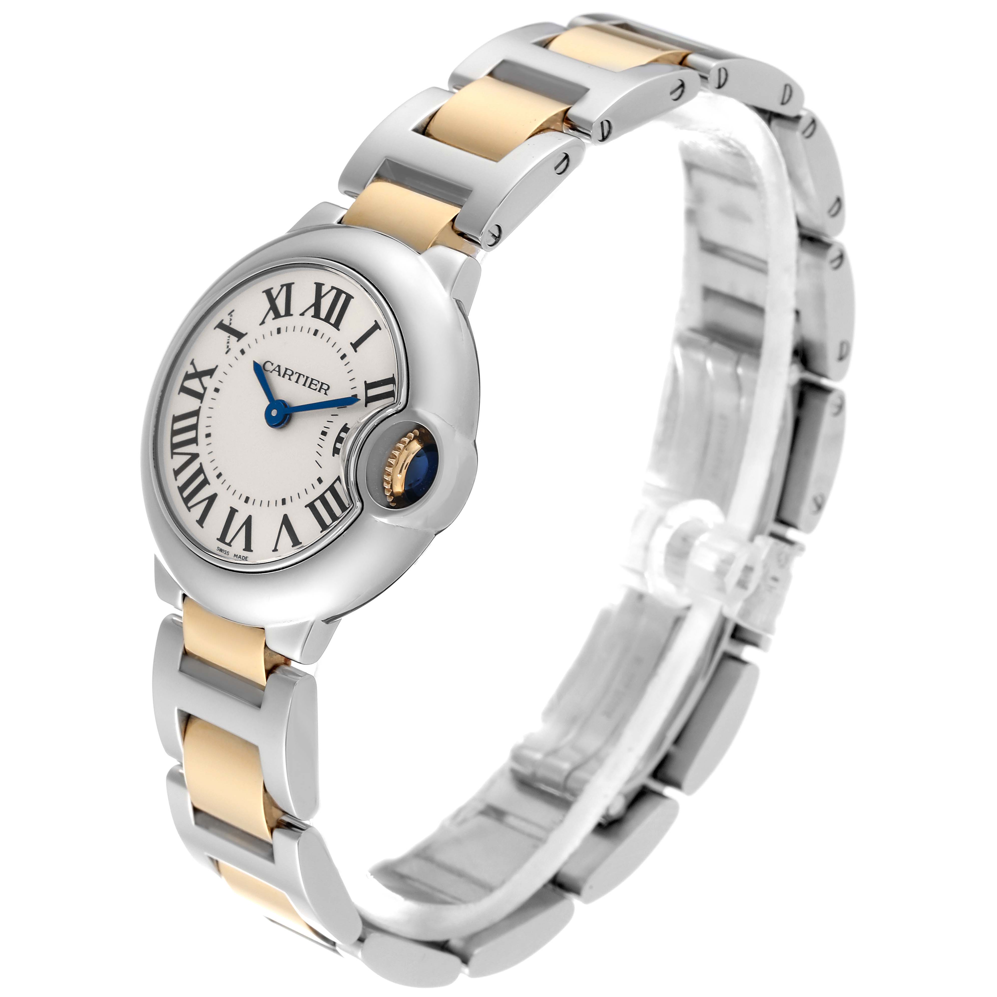 This image shows a side angle of the Cartier Ballon Bleu W69007Z3 Women
s Steel and Gold (two tone) Silver Dial W69007Z3 Women
s Steel and Gold (two tone) Silver Dial watch, highlighting its face and two-tone bracelet.