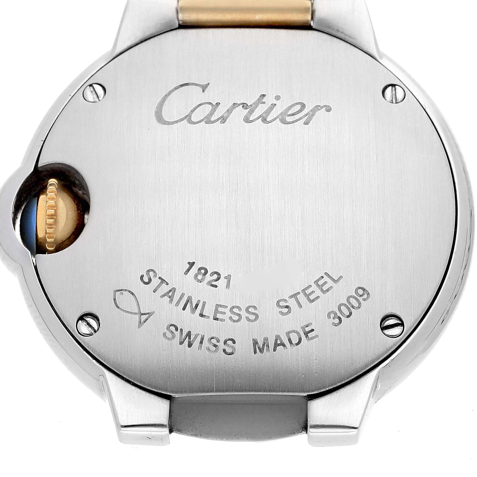 This image shows the back of a Cartier Ballon Bleu W69007Z3 Women
s Steel and Gold (two tone) Silver Dial W69007Z3 Women
s Steel and Gold (two tone) Silver Dial watch with engravings and the crown partially visible.