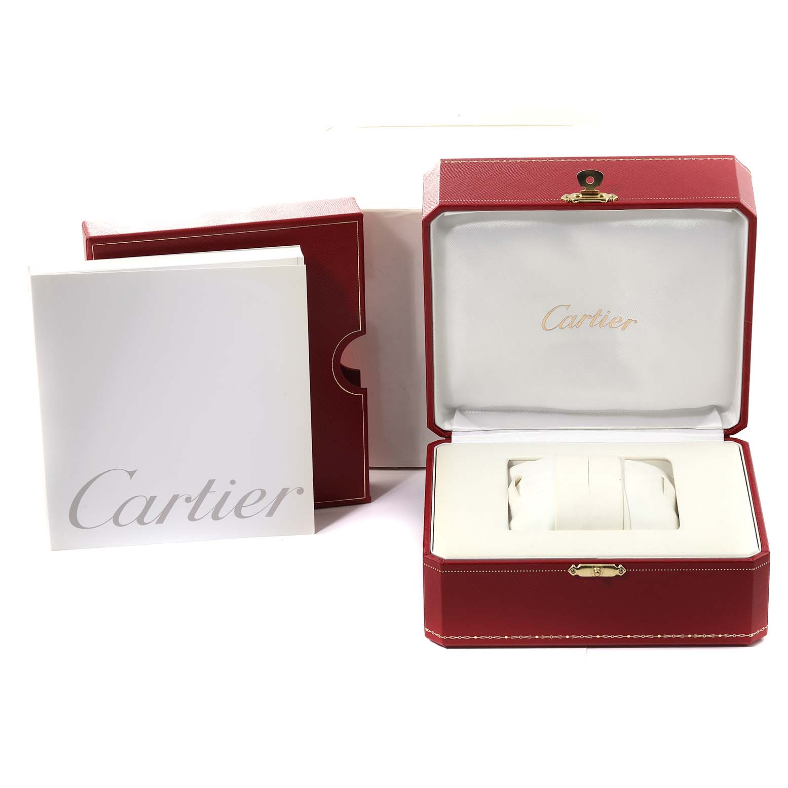 The image shows an open red Cartier box, a white booklet, and a packaging box for the Ballon Bleu model by Cartier.