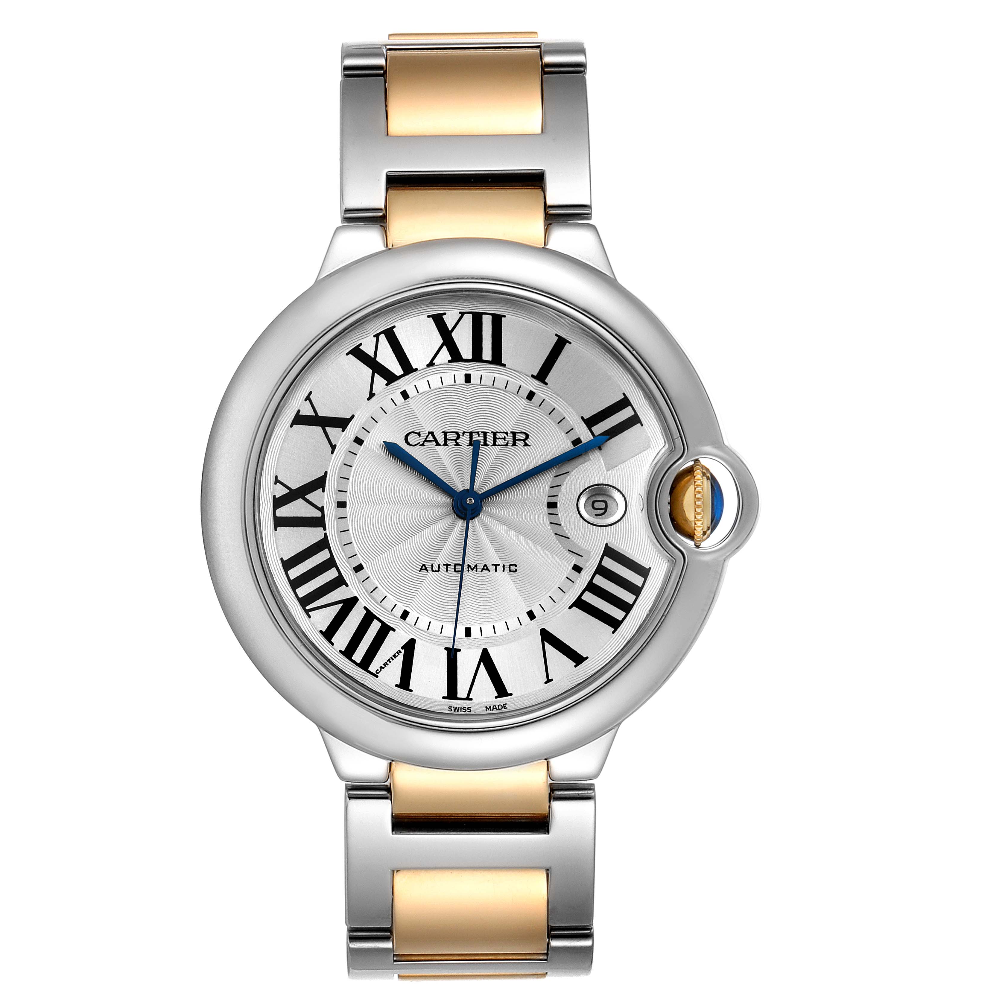 The Ballon Bleu model by Cartier is shown from the front, displaying the dial, hands, and date indicator on a two-tone bracelet.