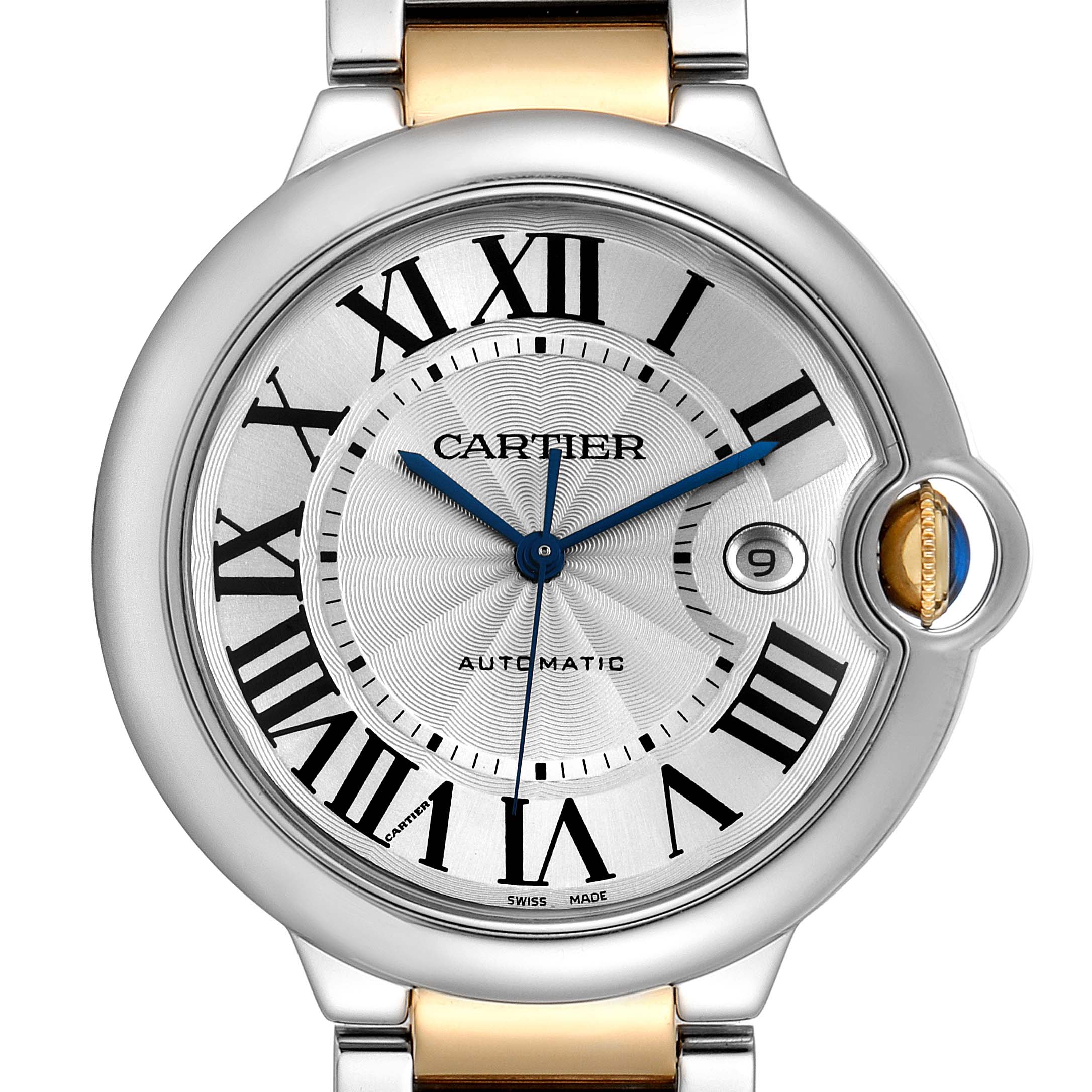 The image shows a close-up, front view of the Cartier Ballon Bleu W6900923 Men's Steel and Gold (two tone) Silver Dial W6900923 Men's Steel and Gold (two tone) Silver Dial watch, highlighting its face, hands, and date window.