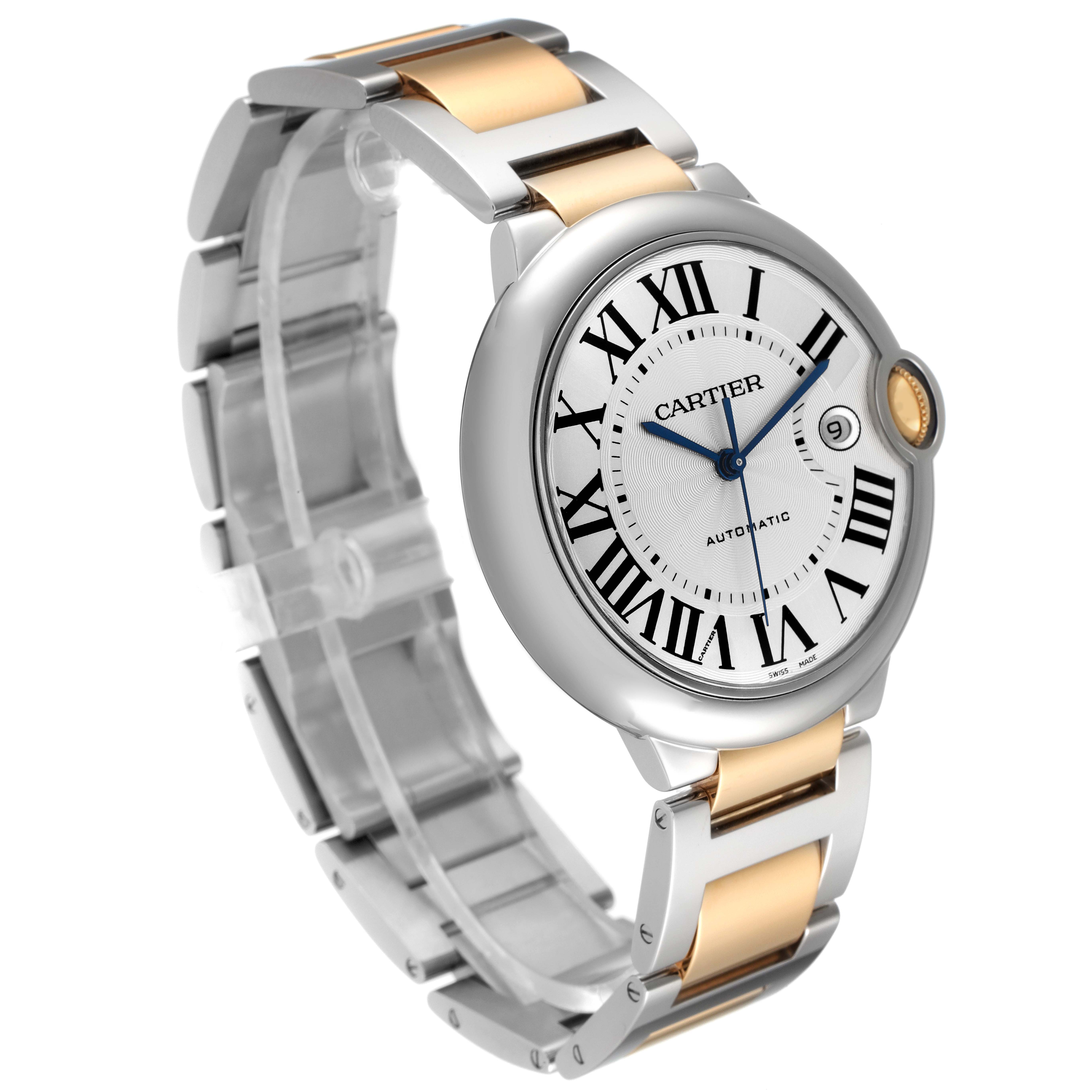 The image shows a side view of the Cartier Ballon Bleu W6900923 Men's Steel and Gold (two tone) Silver Dial W6900923 Men's Steel and Gold (two tone) Silver Dial watch, highlighting the face, band, and crown.