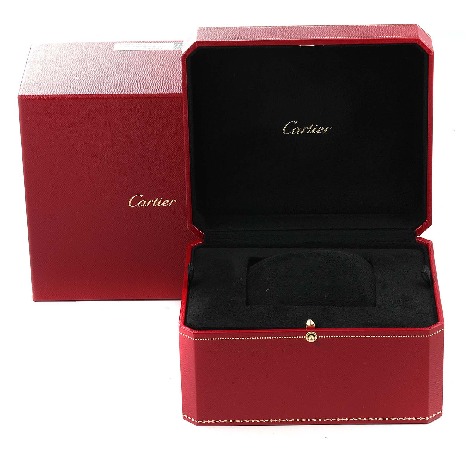 The image shows the red watch box and packaging for a Cartier Ballon Bleu W6900923 Men's Steel and Gold (two tone) Silver Dial W6900923 Men's Steel and Gold (two tone) Silver Dial model.