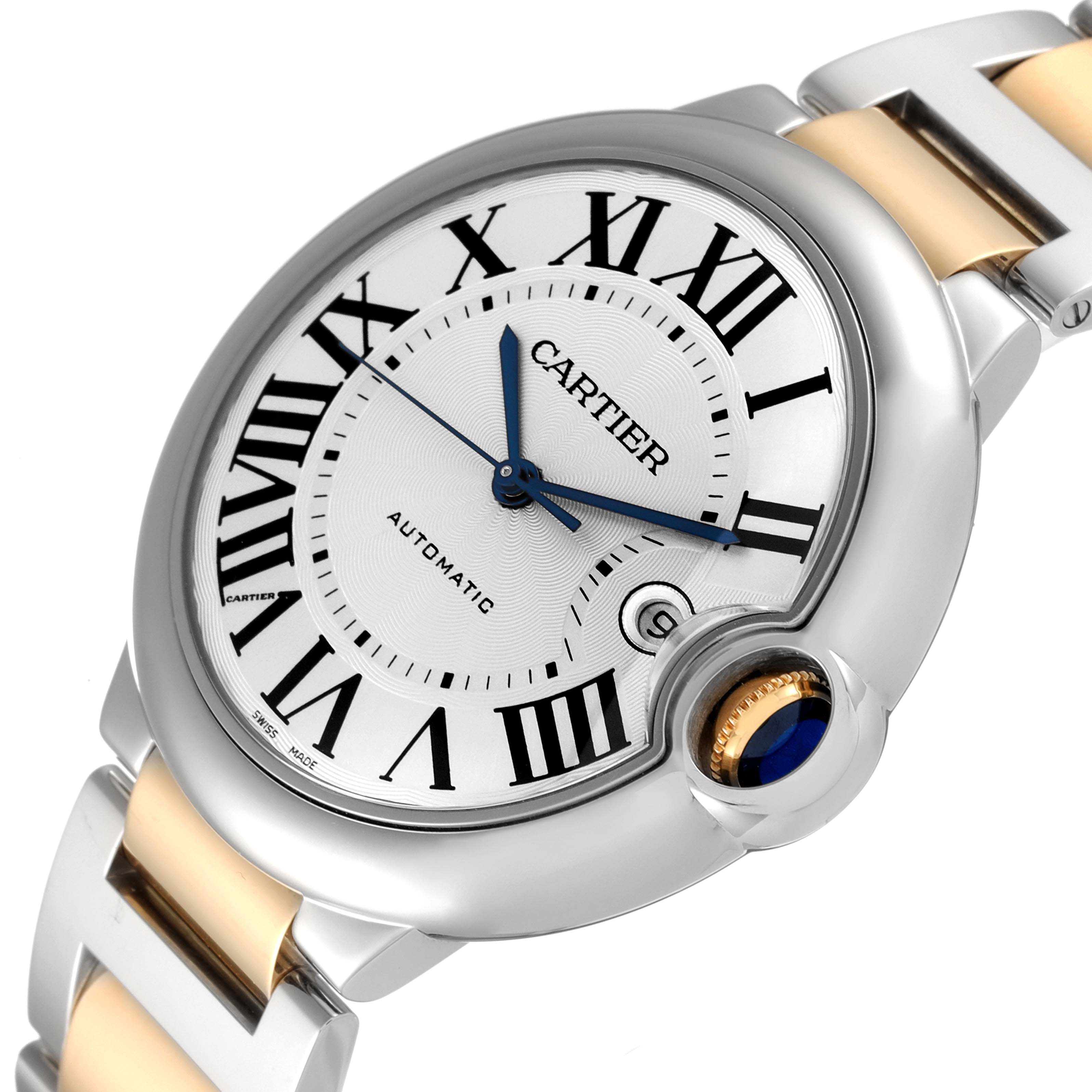 The image shows a close-up, angled view of the dial and part of the bracelet of a Cartier Ballon Bleu W6900923 Men's Steel and Gold (two tone) Silver Dial W6900923 Men's Steel and Gold (two tone) Silver Dial watch.