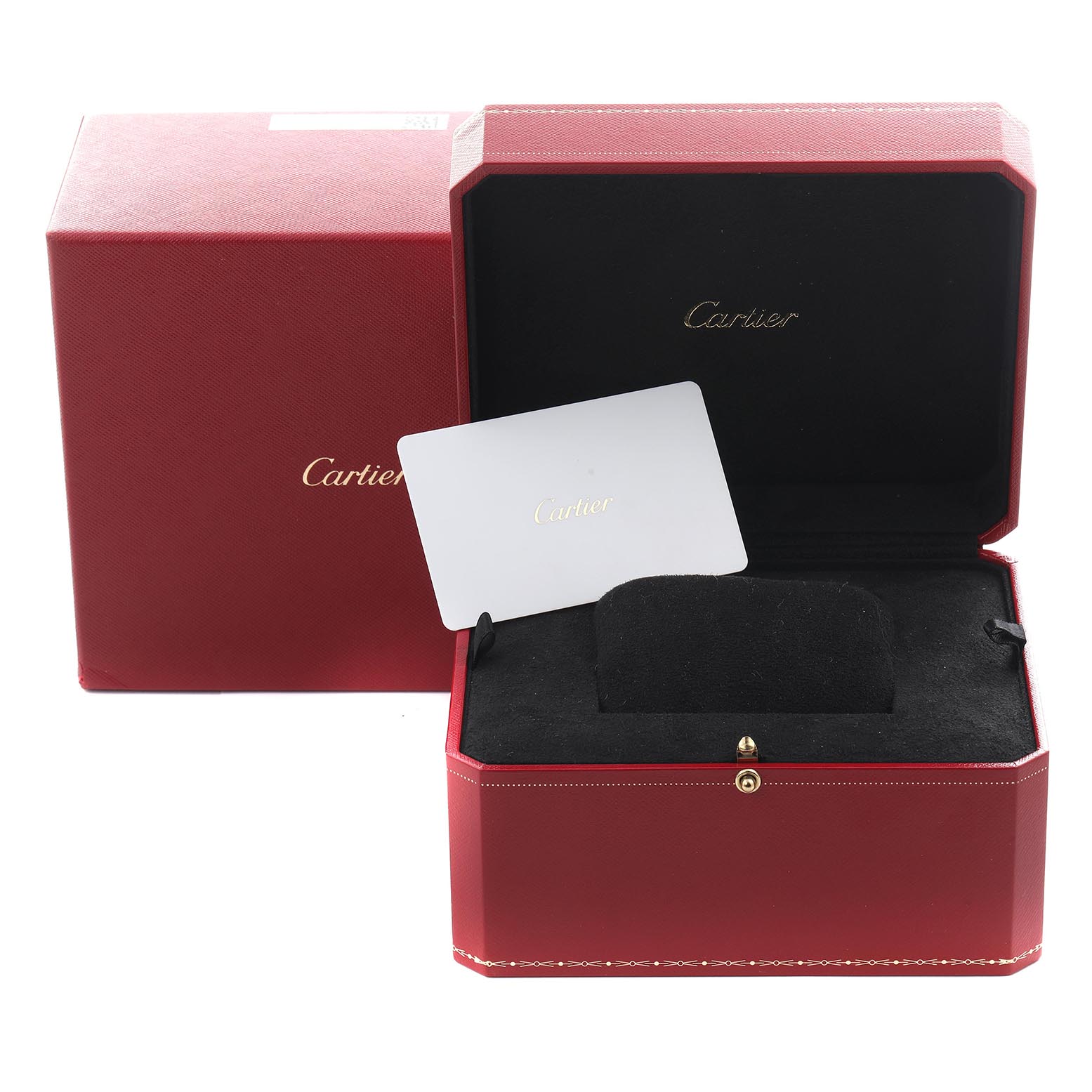 The image shows the open red presentation box for a Cartier Ballon Bleu WSBB0052 Women's Stainless Steel Red Dial WSBB0052 Women's Stainless Steel Red Dial with the brand card inside.