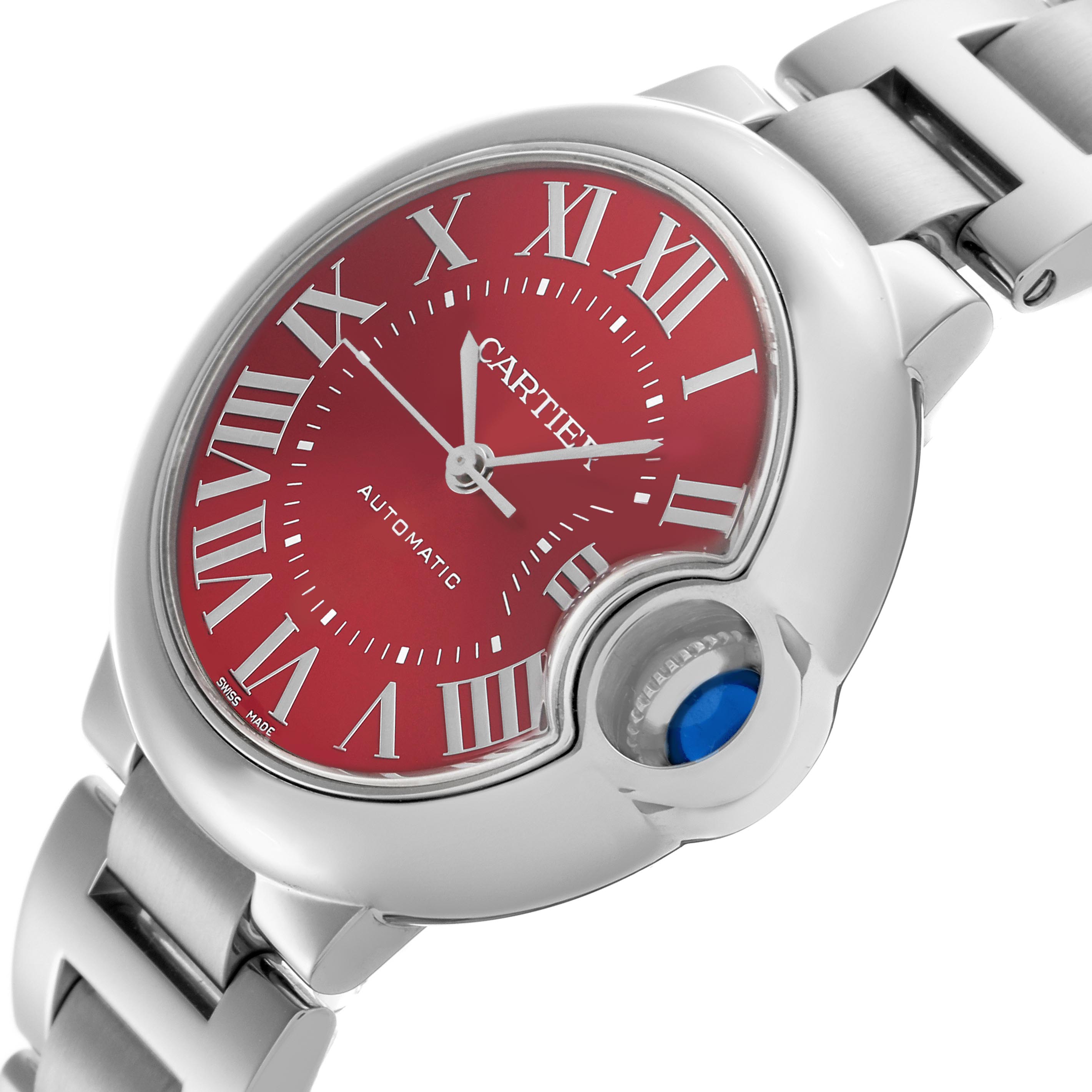 The Cartier Ballon Bleu WSBB0052 Women's Stainless Steel Red Dial WSBB0052 Women's Stainless Steel Red Dial watch is shown at an angled view, highlighting the red dial, Roman numerals, and signature crown.