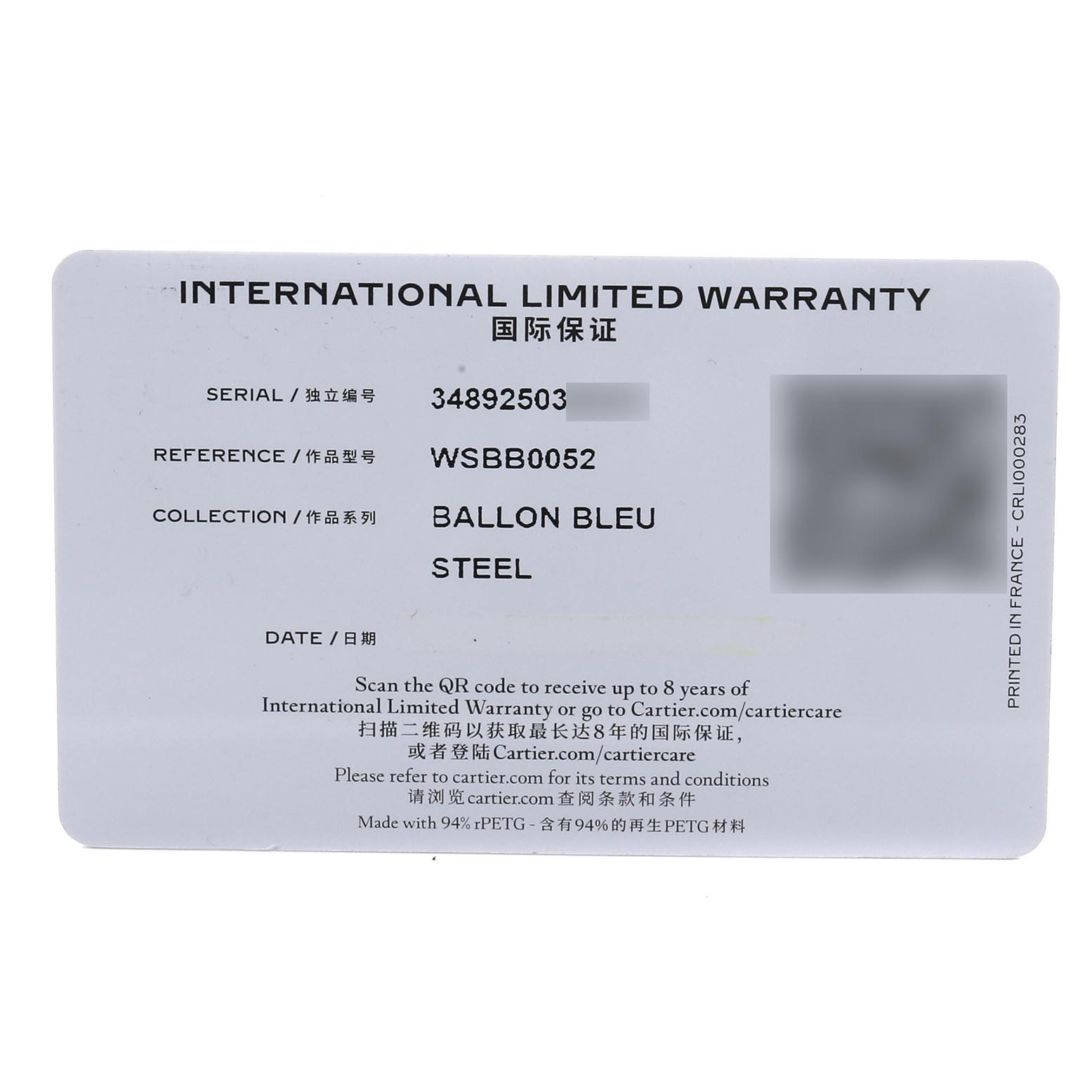 The image shows an International Limited Warranty card for the Cartier Ballon Bleu WSBB0052 Women's Stainless Steel Red Dial WSBB0052 Women's Stainless Steel Red Dial watch model.
