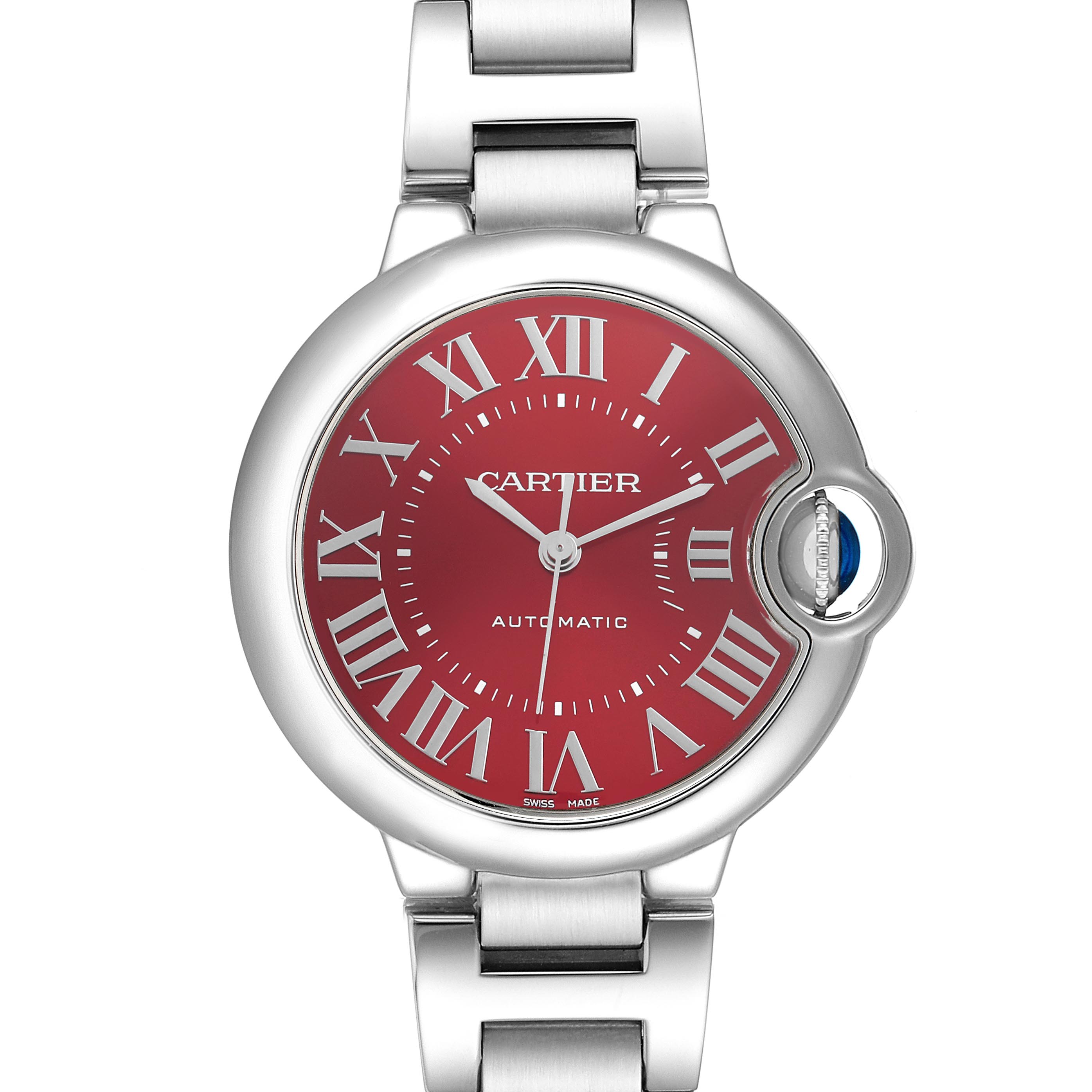 The Cartier Ballon Bleu WSBB0052 Women's Stainless Steel Red Dial WSBB0052 Women's Stainless Steel Red Dial watch is shown from a front angle, displaying the entire face, bezel, crown, and bracelet.