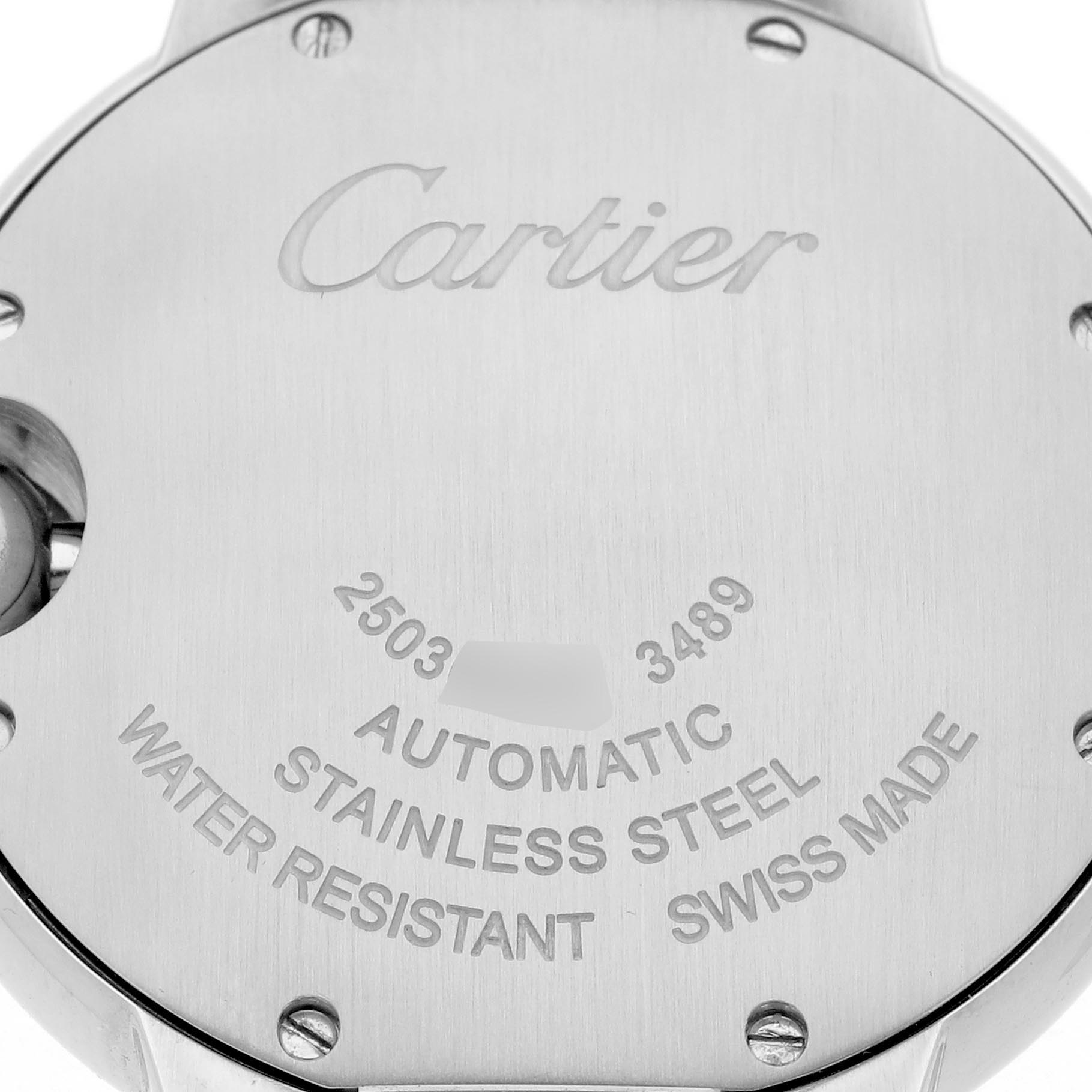 The image shows the back of a Cartier Ballon Bleu WSBB0052 Women's Stainless Steel Red Dial WSBB0052 Women's Stainless Steel Red Dial watch, displaying the brand name, material, and specifications.