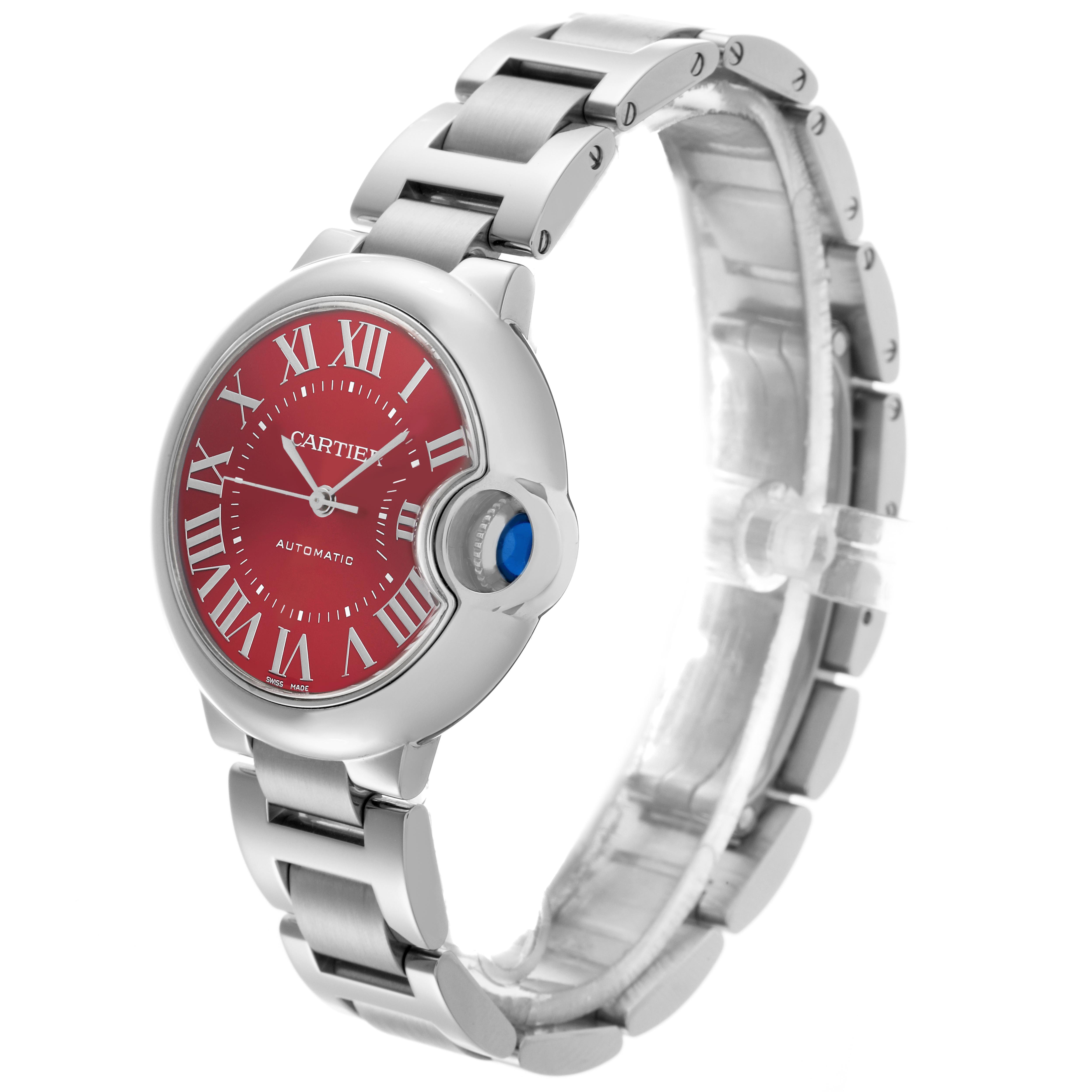 The Cartier Ballon Bleu WSBB0052 Women's Stainless Steel Red Dial WSBB0052 Women's Stainless Steel Red Dial watch is shown at a three-quarter angle, highlighting the red dial, Roman numerals, and metal bracelet.
