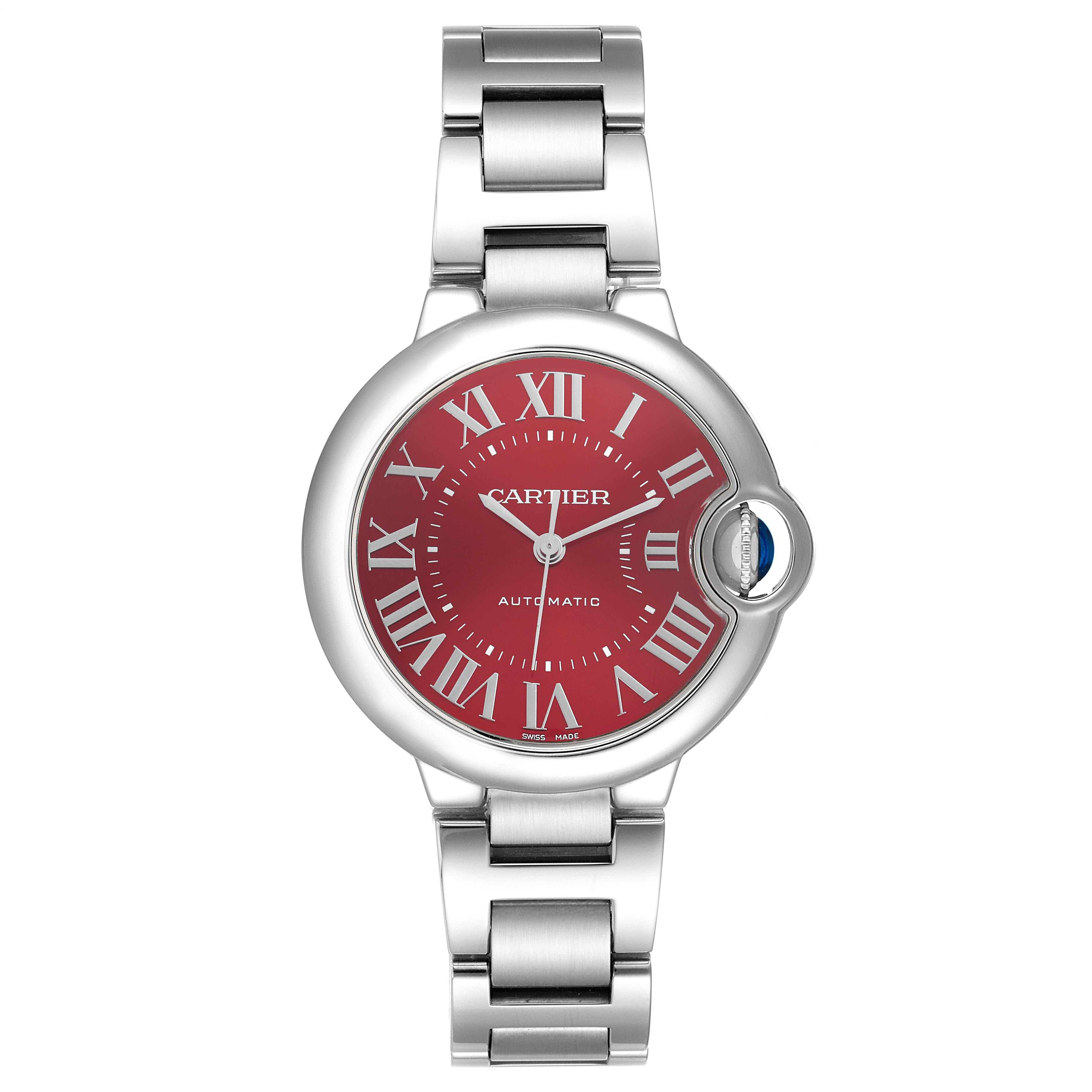 The Cartier Ballon Bleu WSBB0052 Women's Stainless Steel Red Dial WSBB0052 Women's Stainless Steel Red Dial watch is shown from a top-down angle, displaying the red dial, Roman numerals, and metal bracelet.