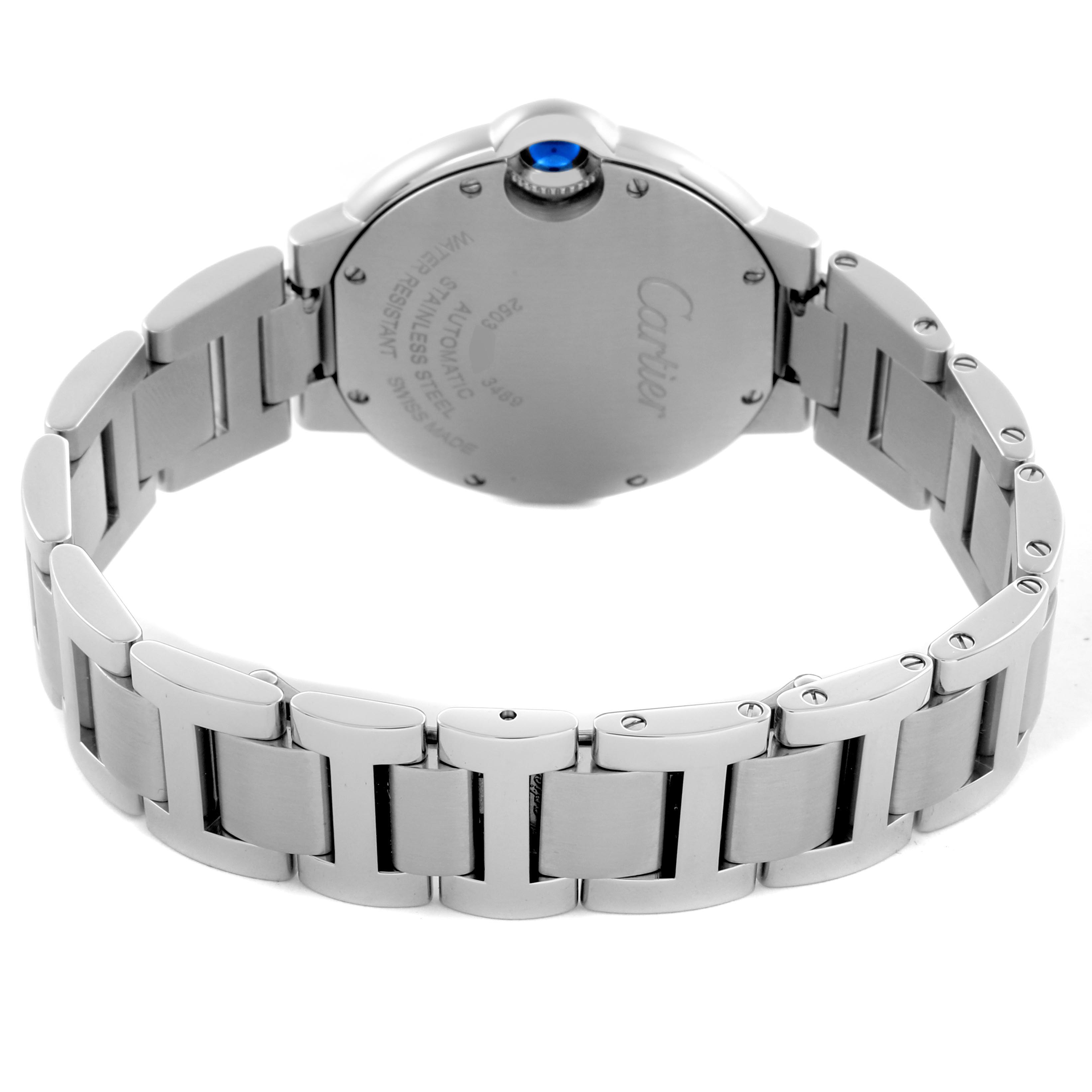 The image shows the back view of a Cartier Ballon Bleu WSBB0052 Women's Stainless Steel Red Dial WSBB0052 Women's Stainless Steel Red Dial watch, highlighting its case back, crown, and metal bracelet.