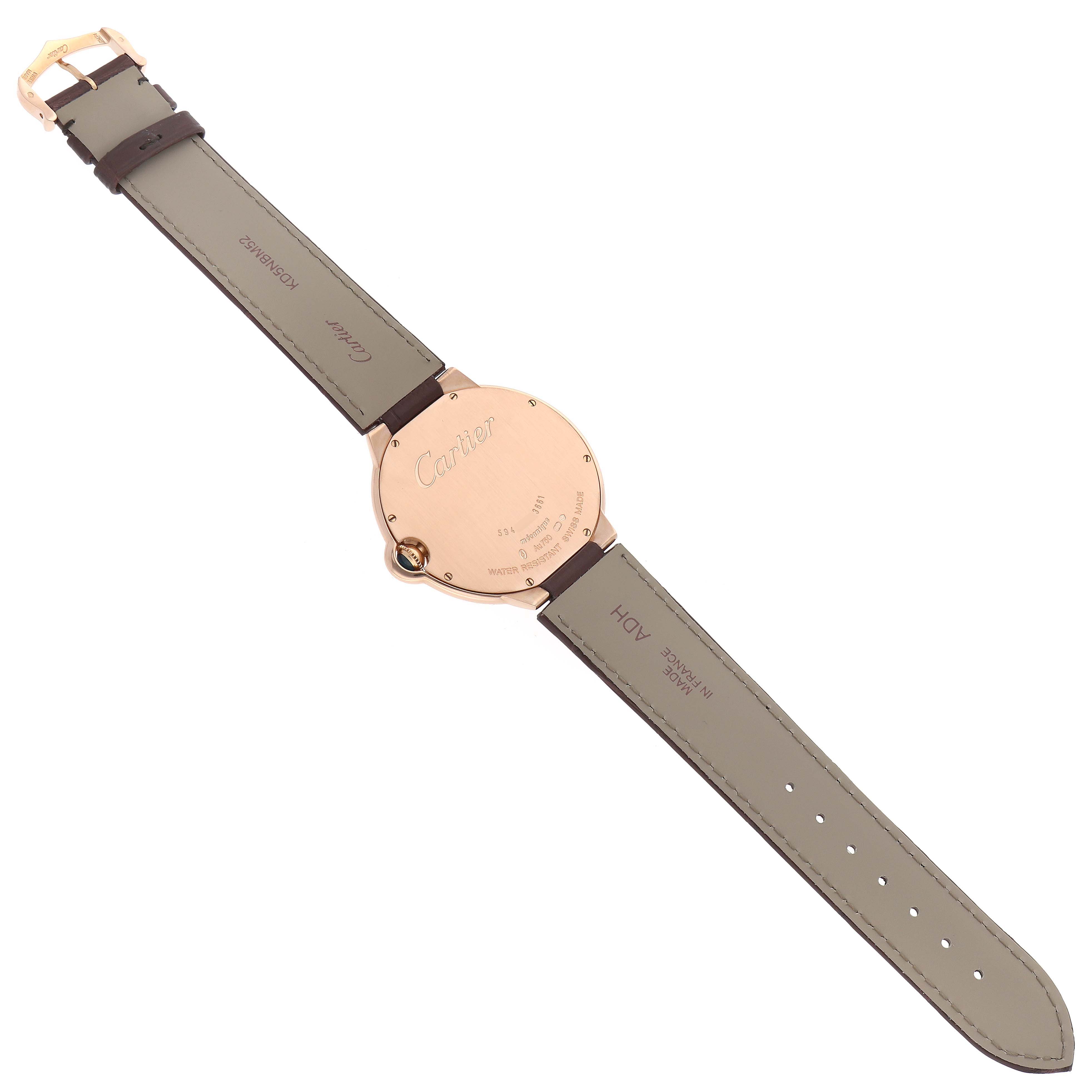 The image shows the back view of a Cartier Ballon Bleu W6900651 Men's Rose Gold Silver Dial W6900651 Men's Rose Gold Silver Dial watch, highlighting the case back, strap, and buckle.