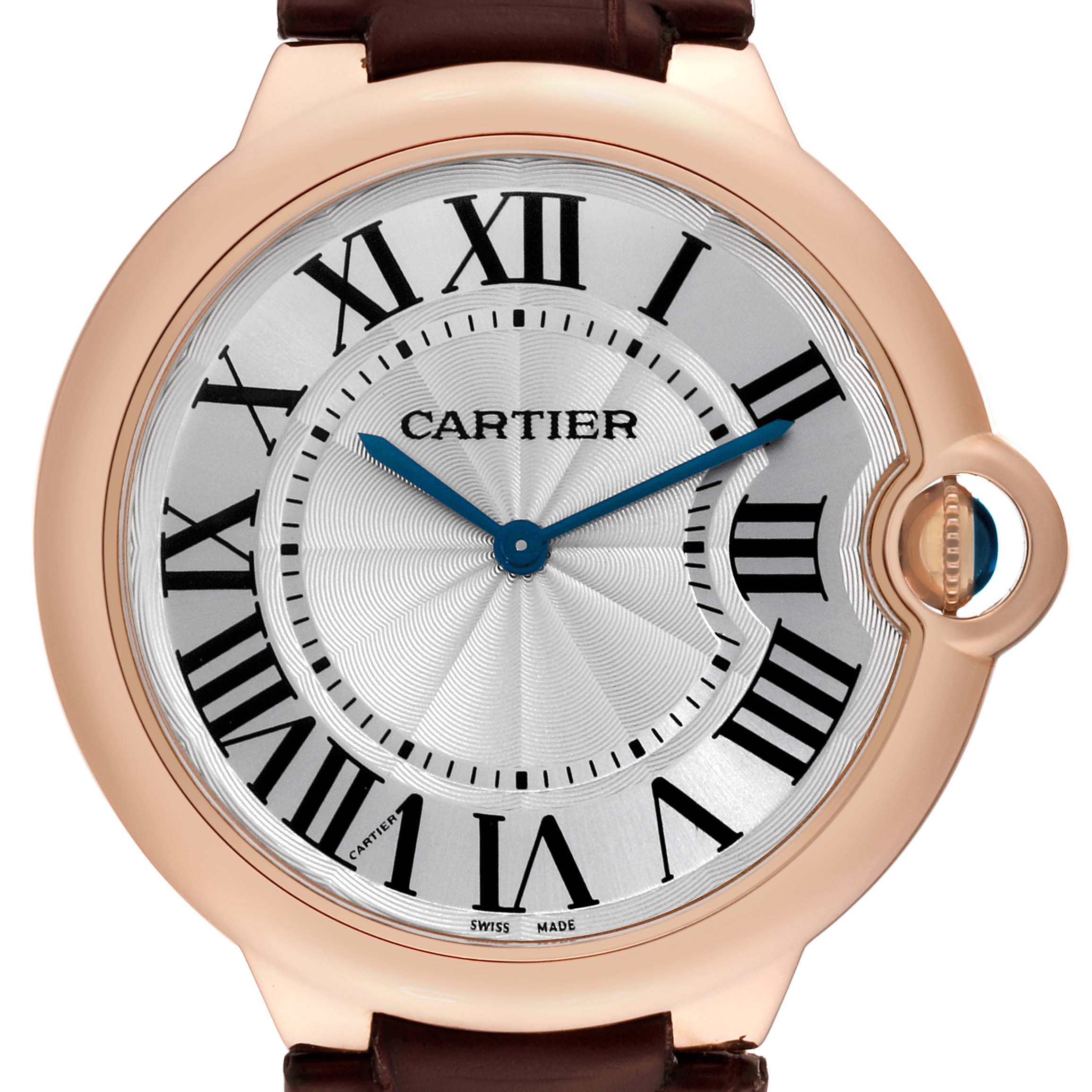 This image shows a close-up, front view of the dial of the Ballon Bleu model by Cartier, displaying Roman numerals and blue hands.
