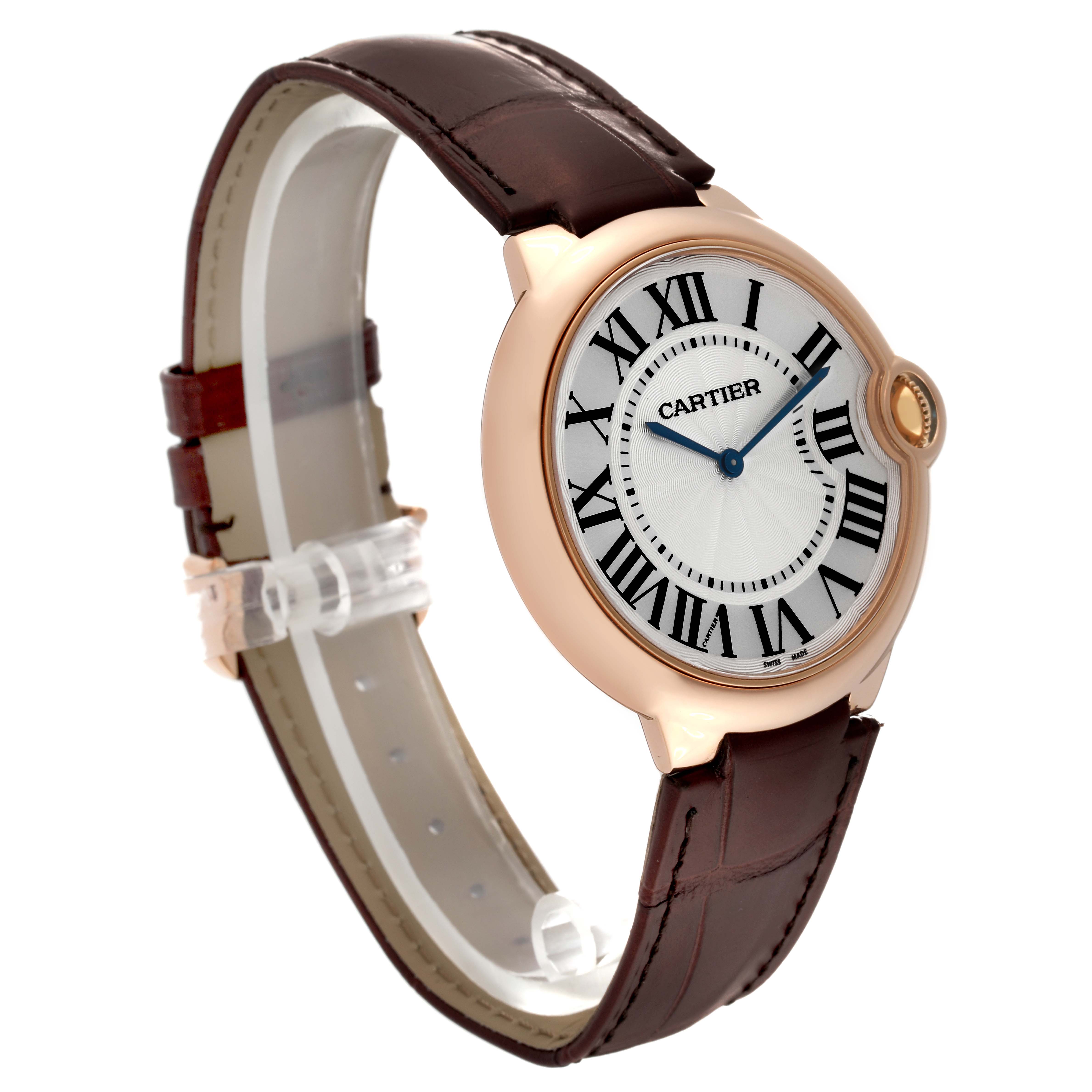 The image shows a Cartier Ballon Bleu W6900651 Men's Rose Gold Silver Dial W6900651 Men's Rose Gold Silver Dial watch from an angled view displaying the face, case, and leather strap.