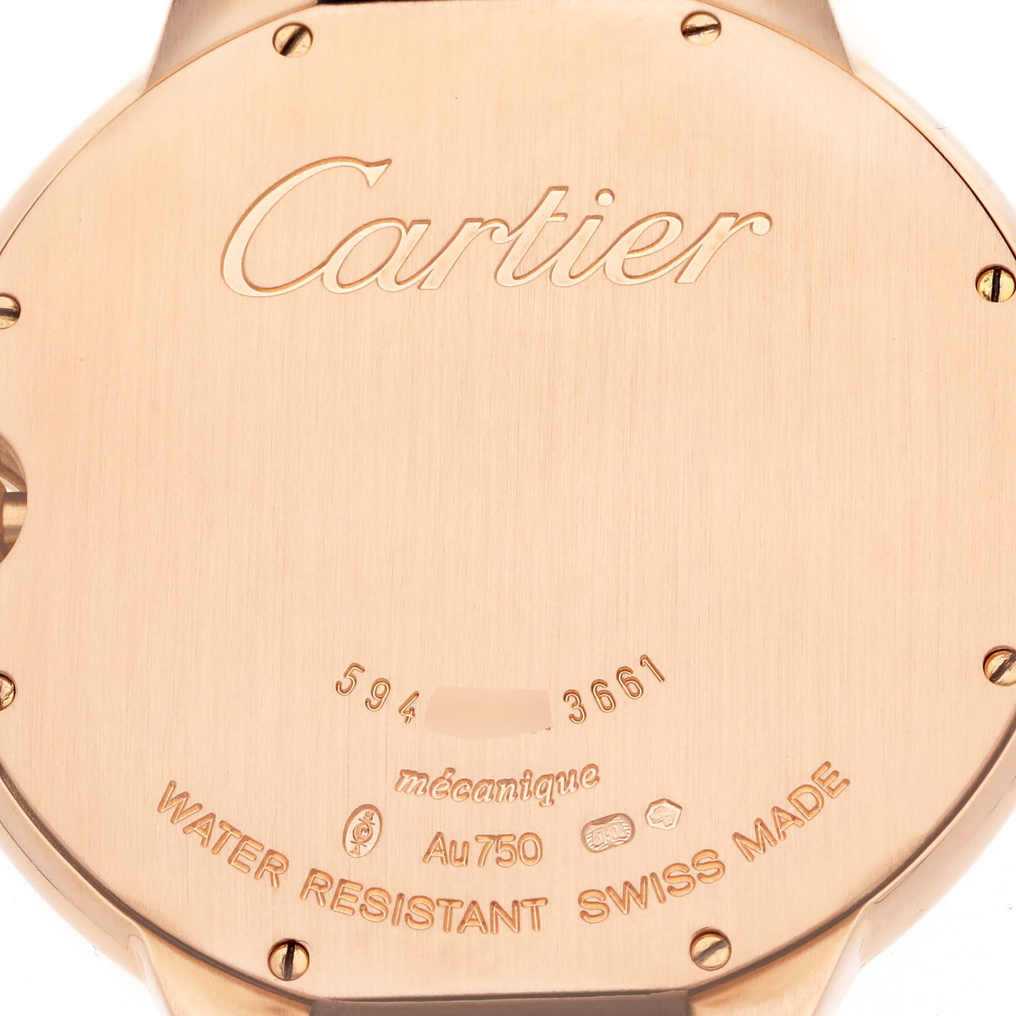 The image shows the back of a Cartier Ballon Bleu W6900651 Men's Rose Gold Silver Dial W6900651 Men's Rose Gold Silver Dial watch, displaying its engravings and assembly screws.