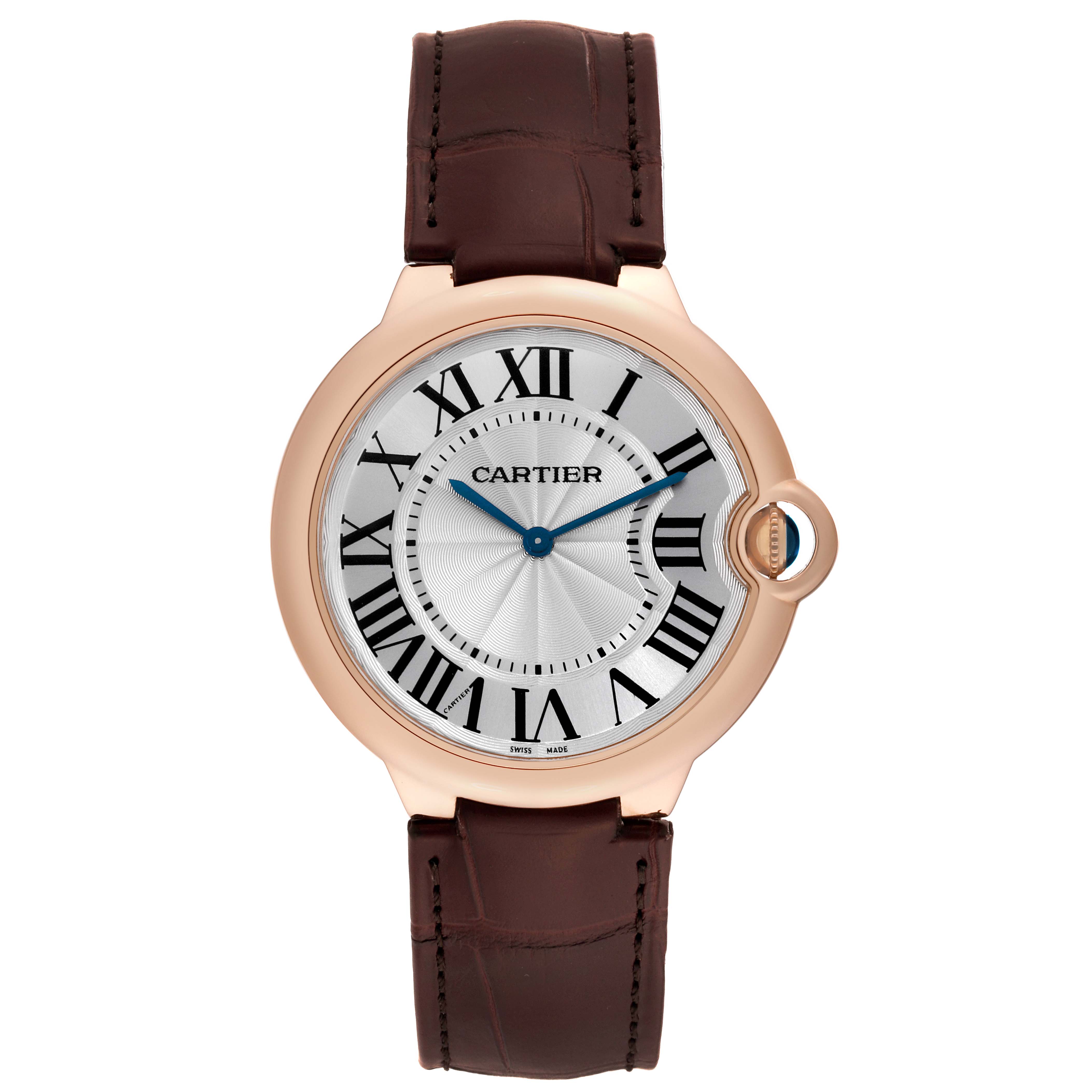 The image shows a front view of a Cartier Ballon Bleu W6900651 Men's Rose Gold Silver Dial W6900651 Men's Rose Gold Silver Dial watch with a leather strap and Roman numerals on its dial.