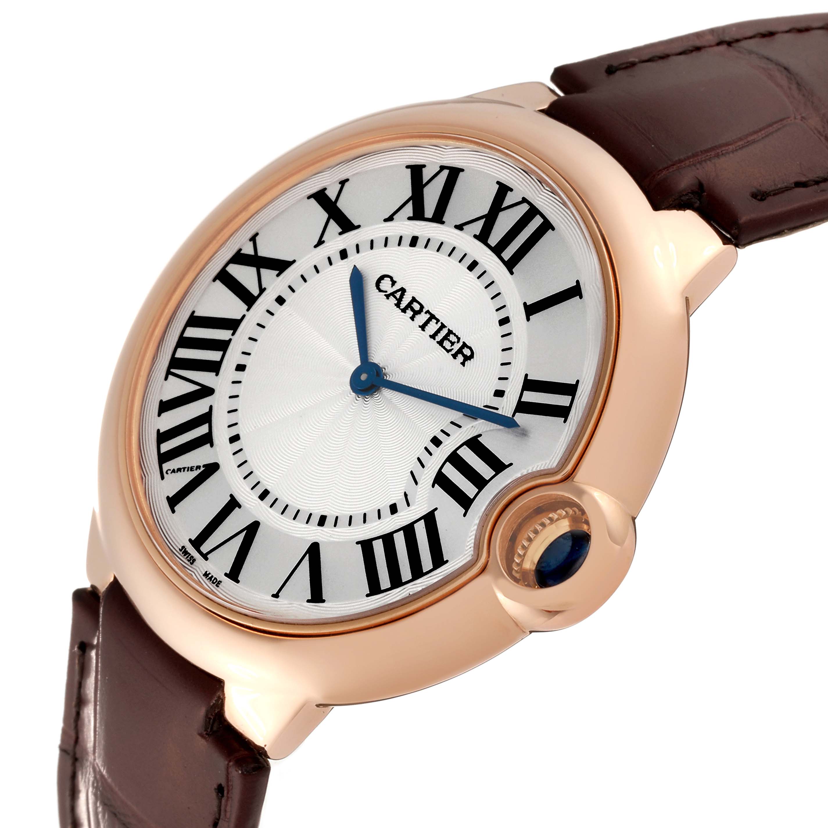 The image shows a close-up of a Cartier Ballon Bleu W6900651 Men's Rose Gold Silver Dial W6900651 Men's Rose Gold Silver Dial watch, highlighting the dial, roman numerals, and a portion of the leather strap.