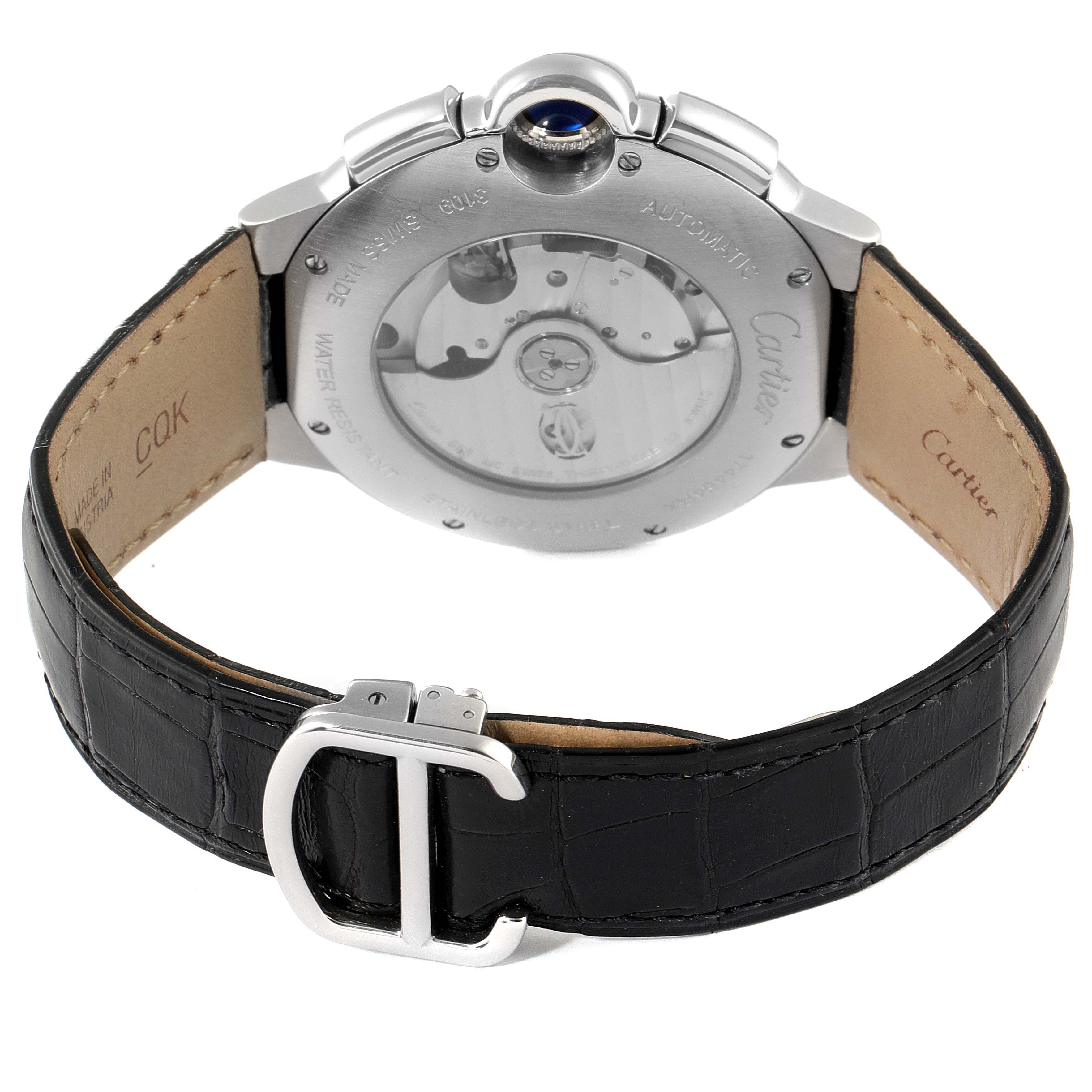 The image shows the back and strap of the Cartier Ballon Bleu W6920052 Men
s Stainless Steel Black Dial W6920052 Men
s Stainless Steel Black Dial watch, highlighting its mechanical movement and leather band.