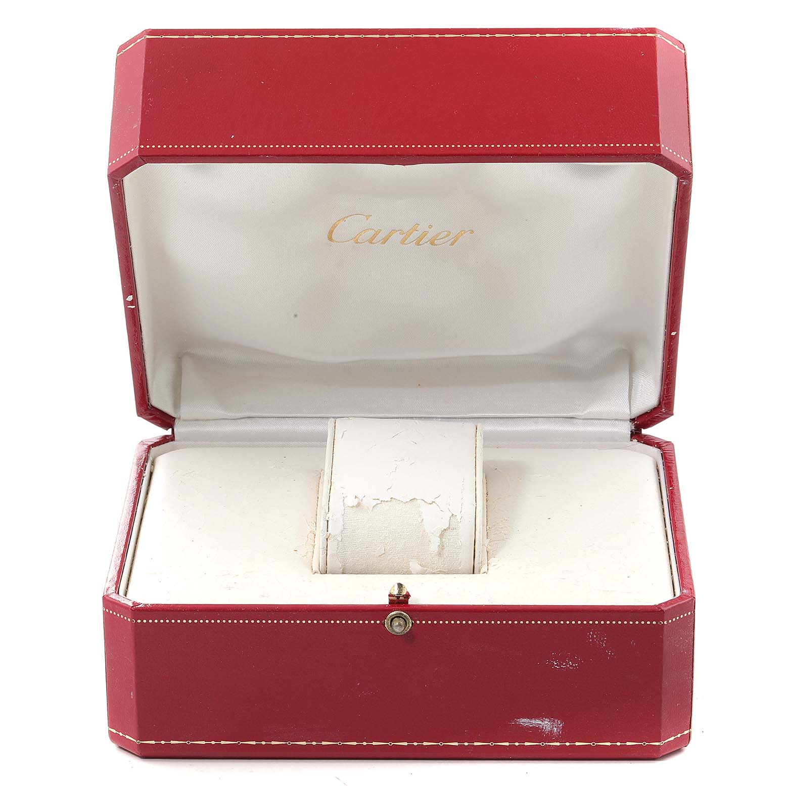 The image shows an open Cartier box designed to hold the Ballon Bleu model watch, displaying the interior and watch pillow.