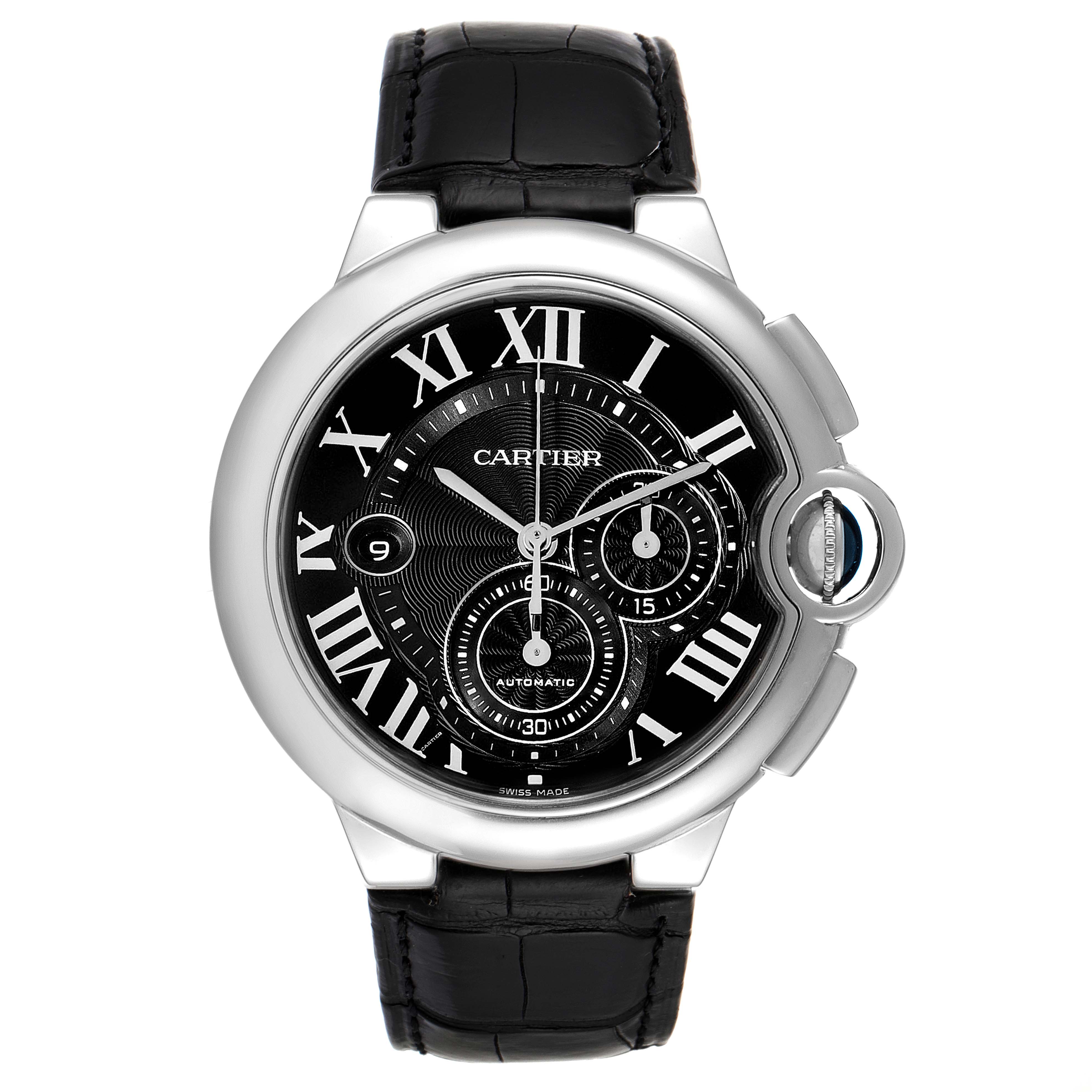 The image shows a frontal view of a Cartier Ballon Bleu W6920052 Men
s Stainless Steel Black Dial W6920052 Men
s Stainless Steel Black Dial watch with black dial, Roman numerals, and a black leather strap.