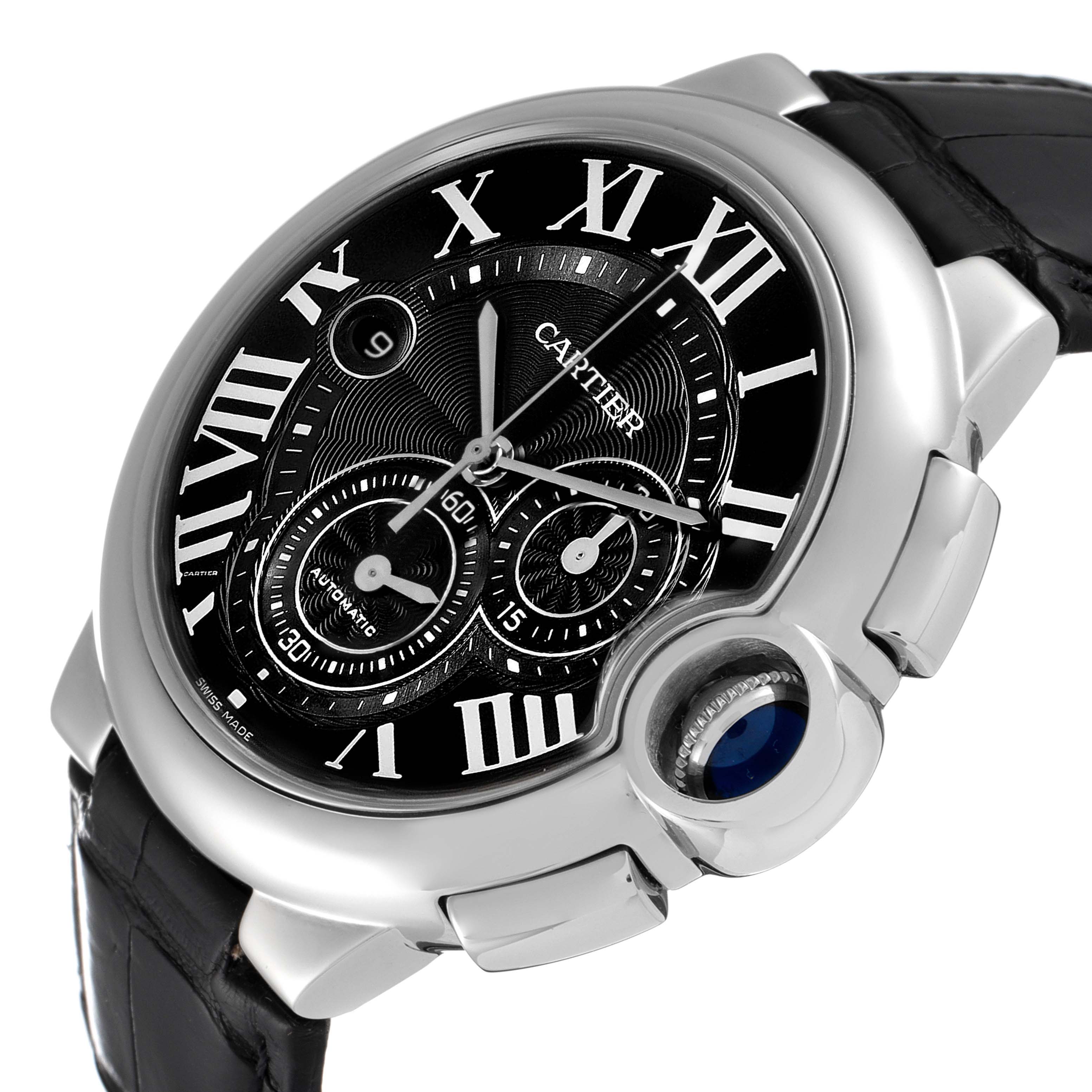 The Cartier Ballon Bleu W6920052 Men
s Stainless Steel Black Dial W6920052 Men
s Stainless Steel Black Dial watch is shown from a three-quarter angle, highlighting its black dial, silver case, and crown with a blue cabochon.