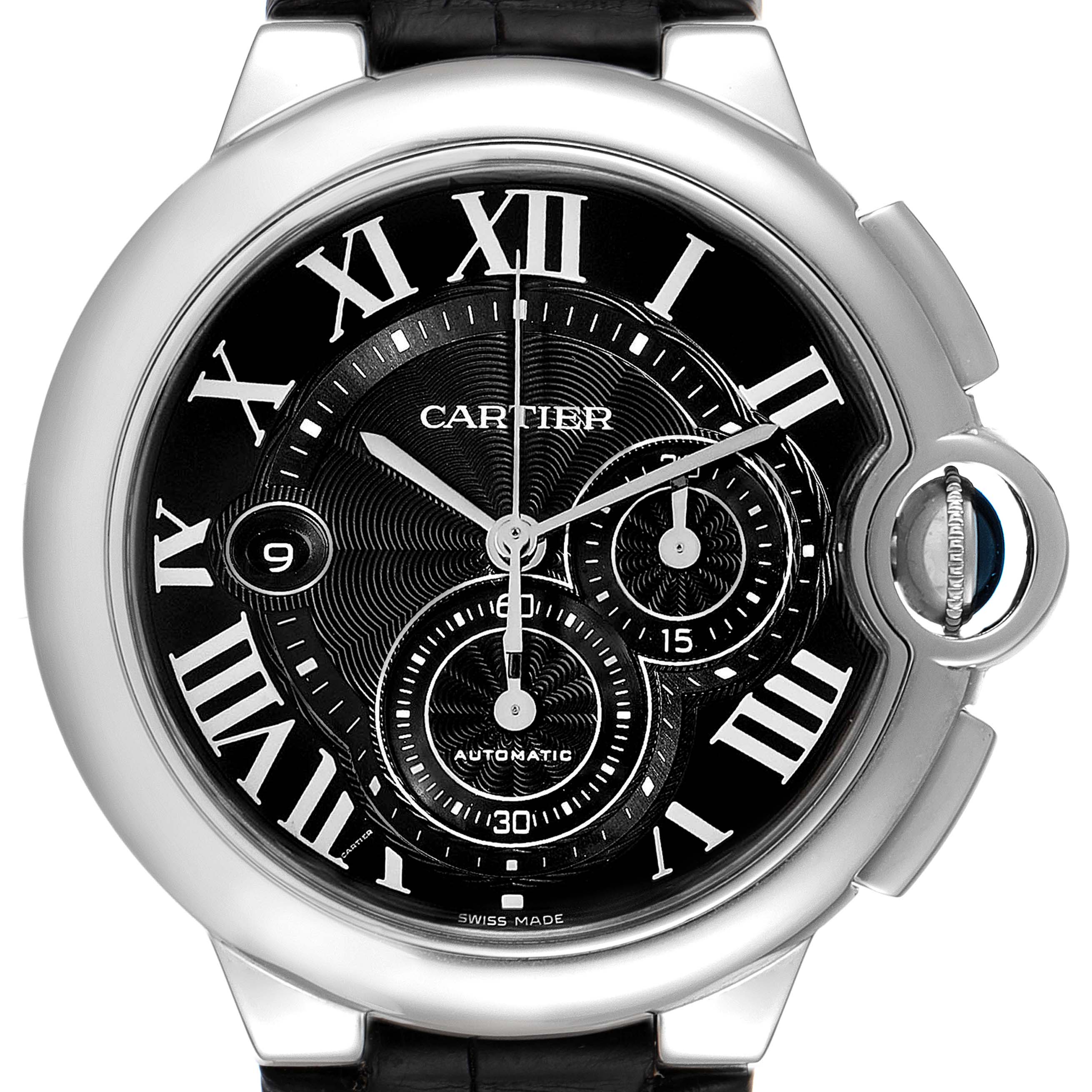 This Cartier Ballon Bleu W6920052 Men
s Stainless Steel Black Dial W6920052 Men
s Stainless Steel Black Dial watch is shown from a front angle, highlighting its black dial, Roman numerals, and chronograph subdials.