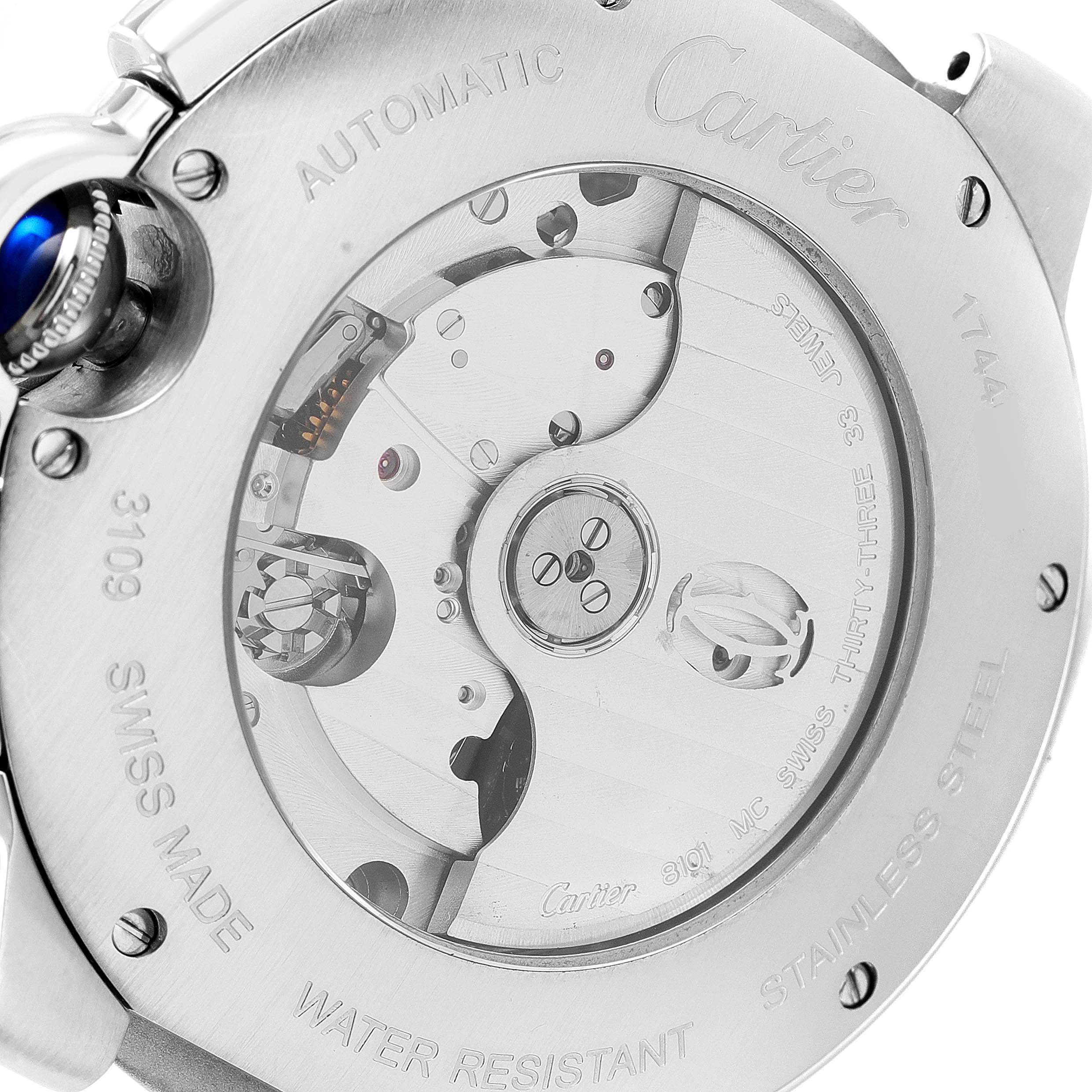 The image shows the back case of a Cartier Ballon Bleu W6920052 Men
s Stainless Steel Black Dial W6920052 Men
s Stainless Steel Black Dial watch, revealing its automatic movement mechanism and engraving details.
