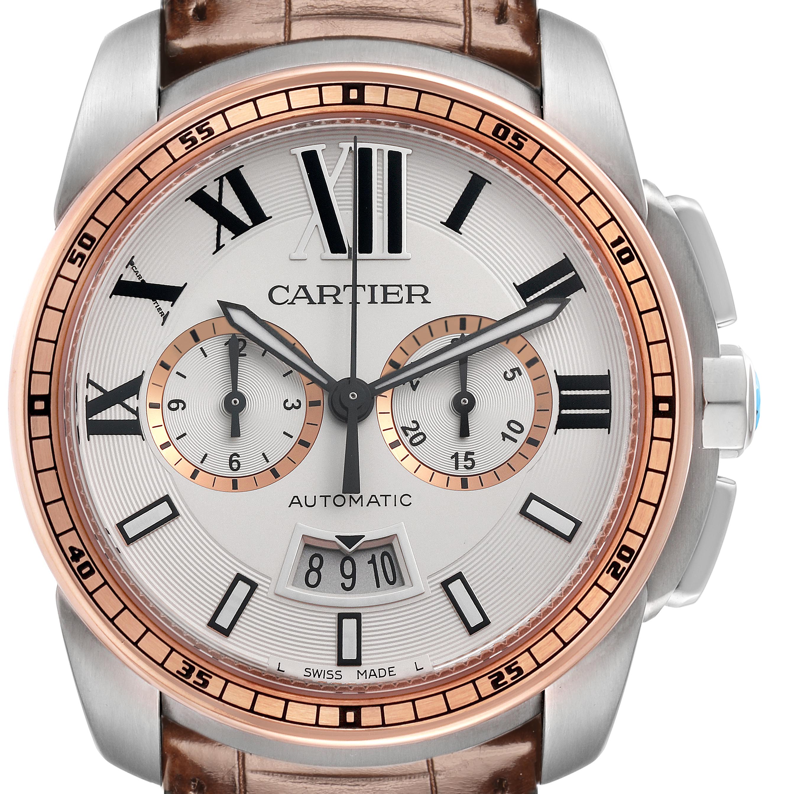 The Calibre de Cartier watch is shown from the front, displaying its dial, chronograph subdials, and date window.