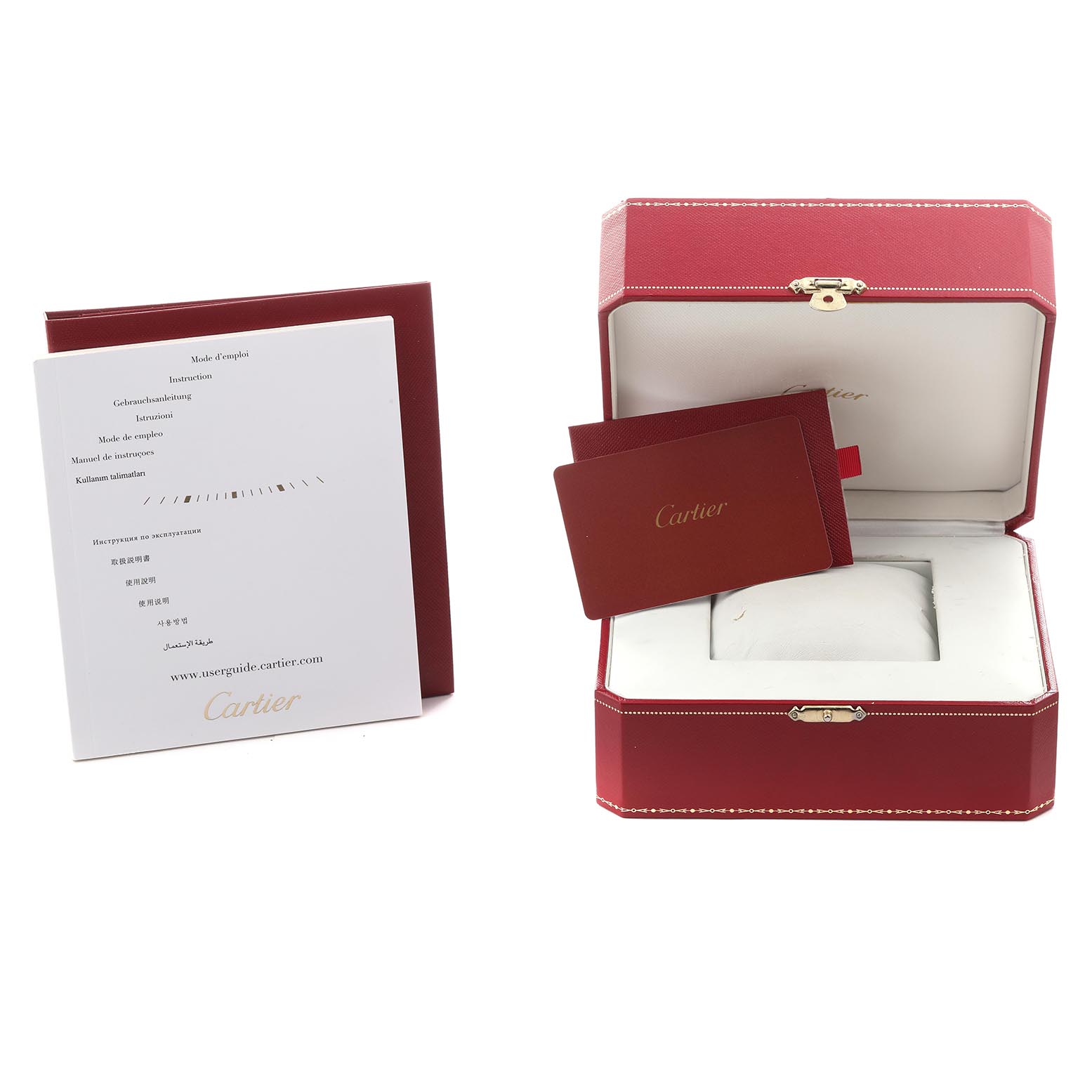 The image shows a red Cartier box, instruction booklet, and authenticity card for the Calibre de Cartier watch model by Cartier.