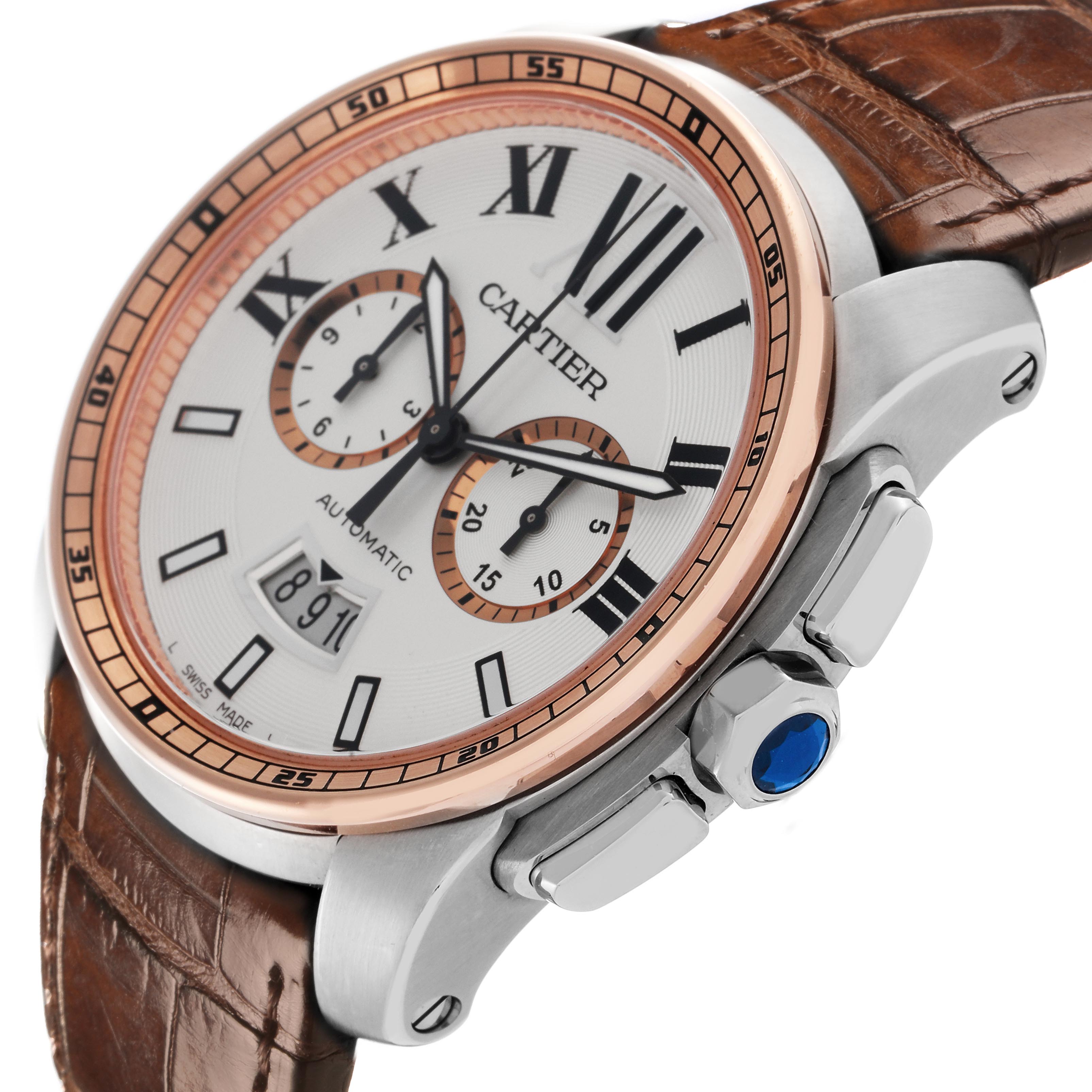 The Calibre de Cartier watch is shown at a three-quarter angle, displaying the dial, bezel, crown, and brown leather strap.