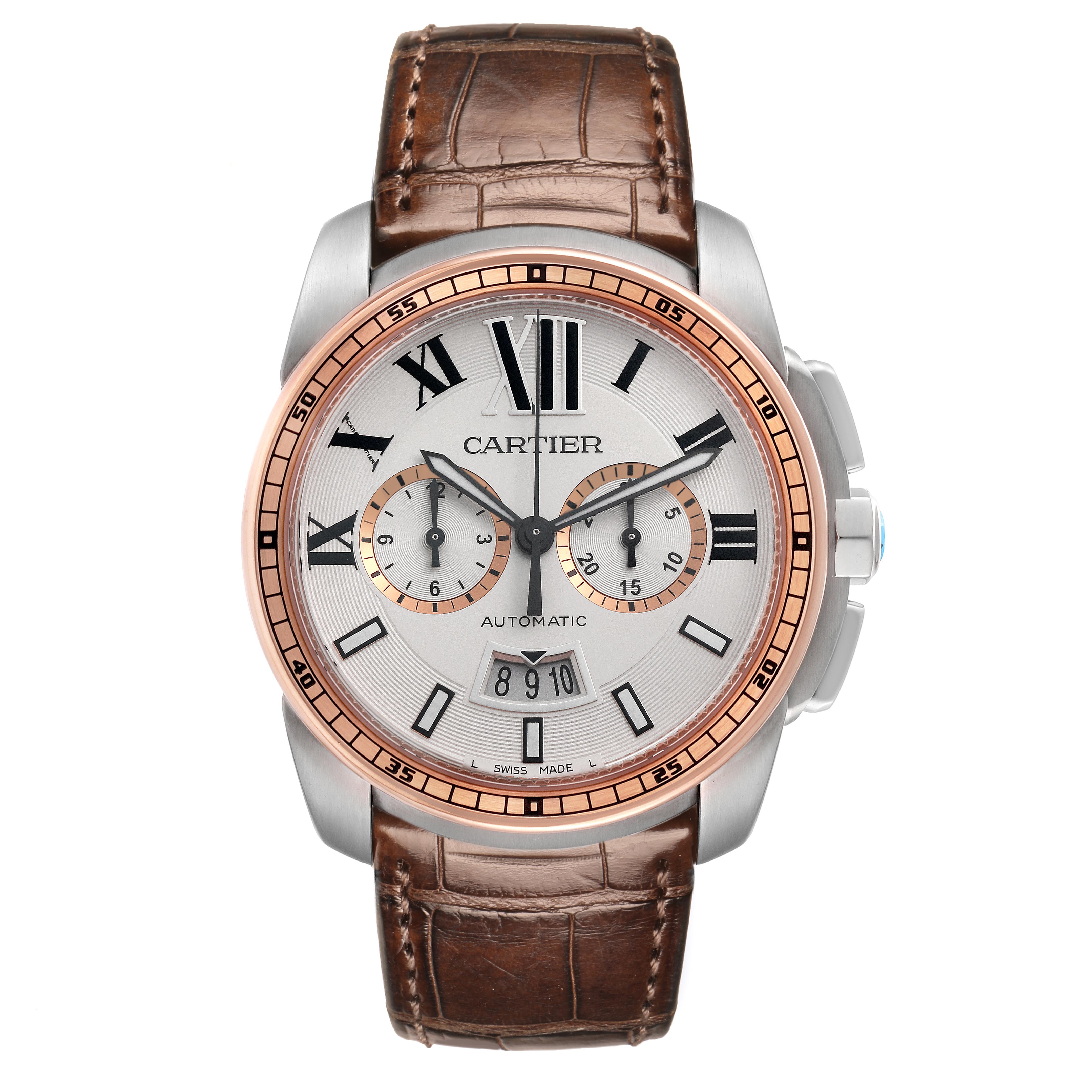 The Calibre de Cartier watch is shown from the front, displaying its dial, brown leather strap, and rose gold bezel.
