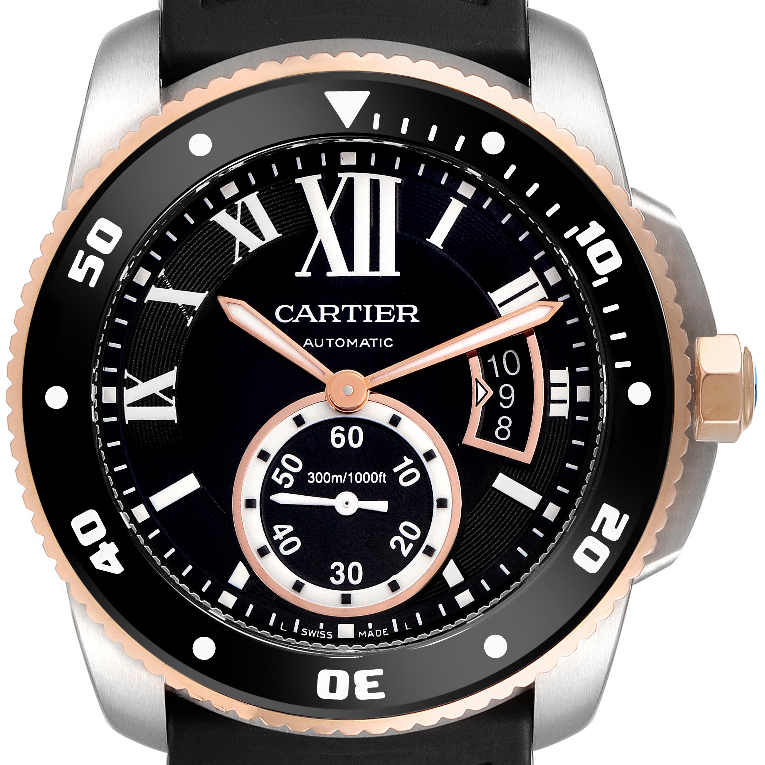 The Calibre de Cartier watch is shown from a front angle, highlighting the dial, bezel, and crown.