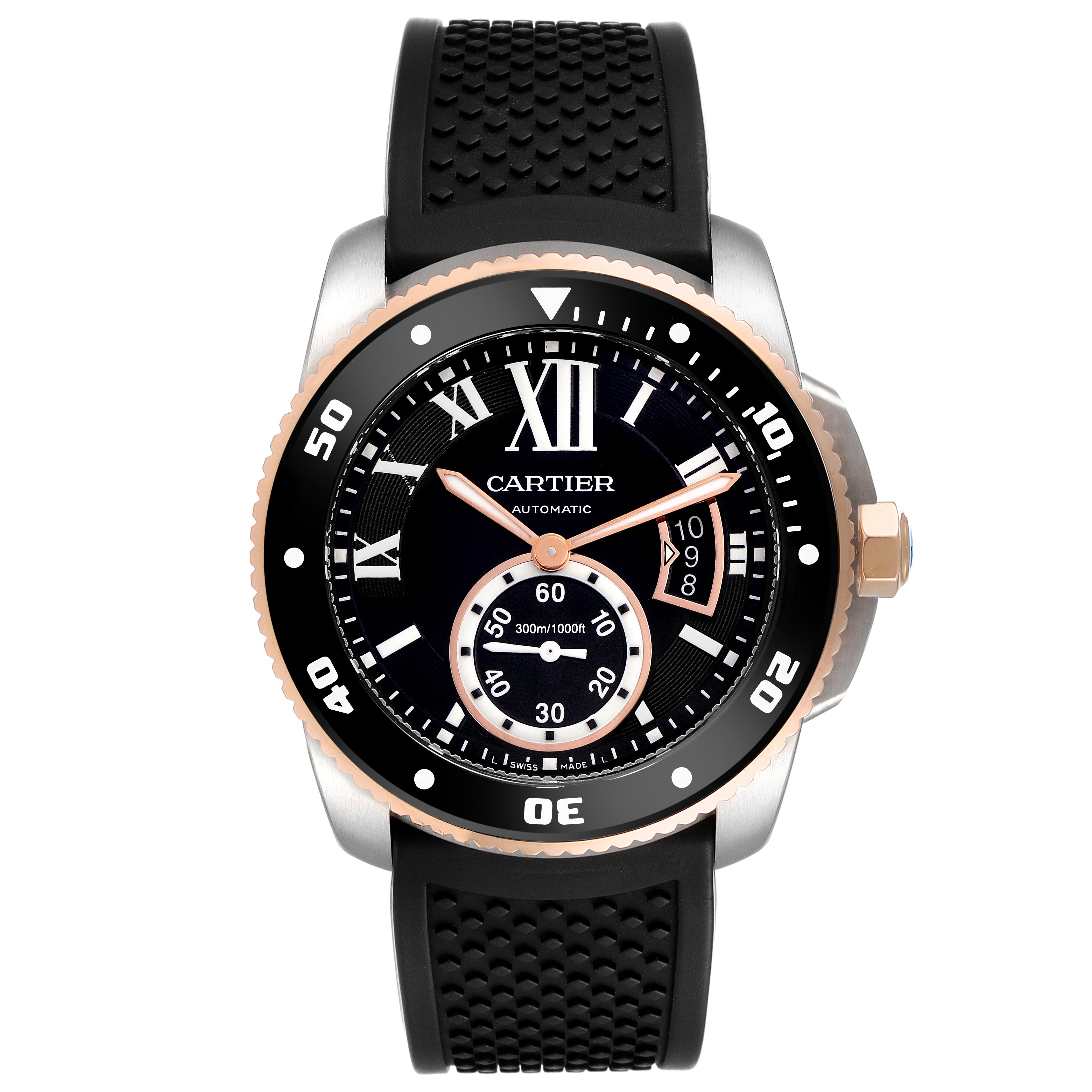 The image shows a front view of the Calibre de Cartier watch, highlighting the bezel, dial, and strap.